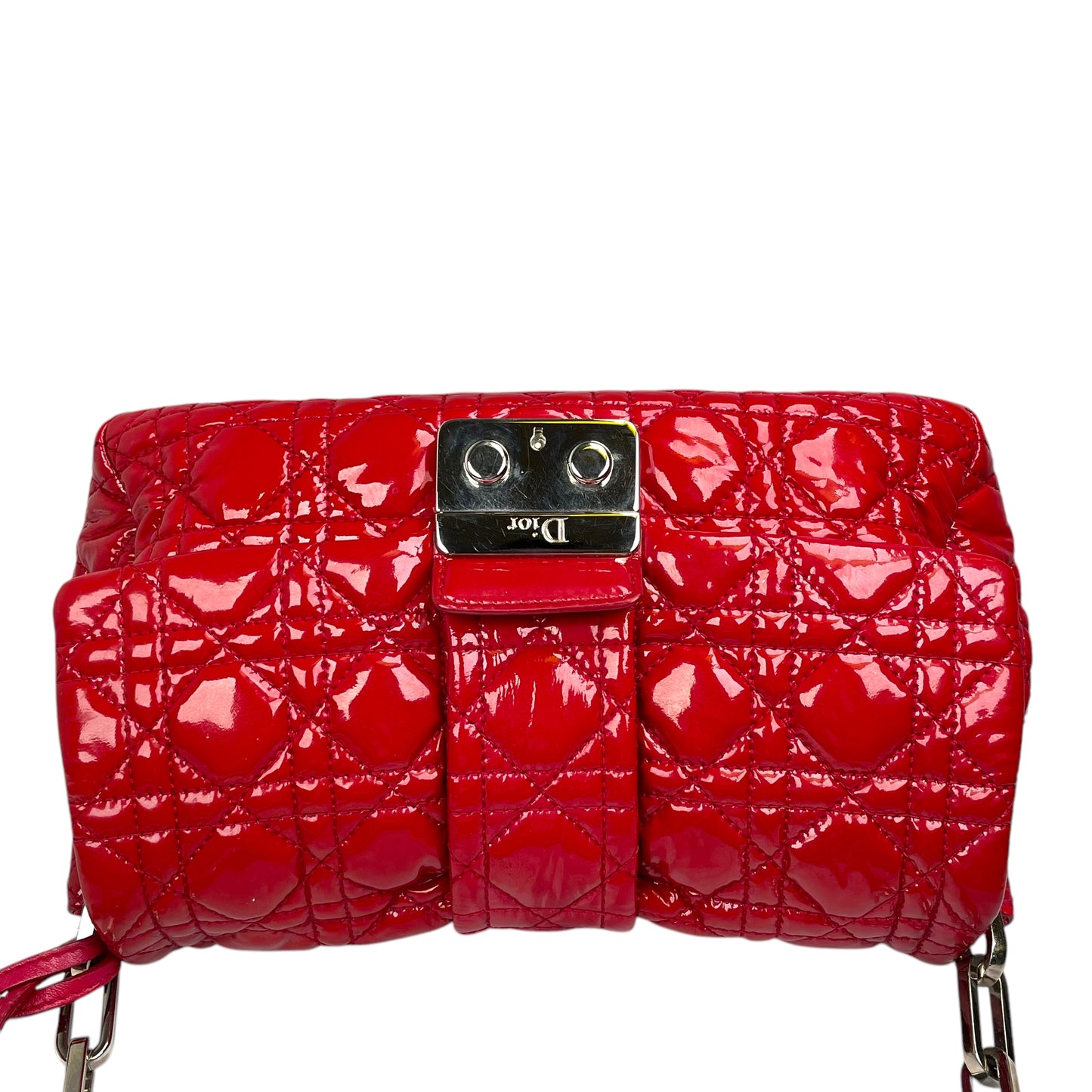 Christian Dior Red New Lock Patent Cannage Quilted Flap Shoulder Chain Purse