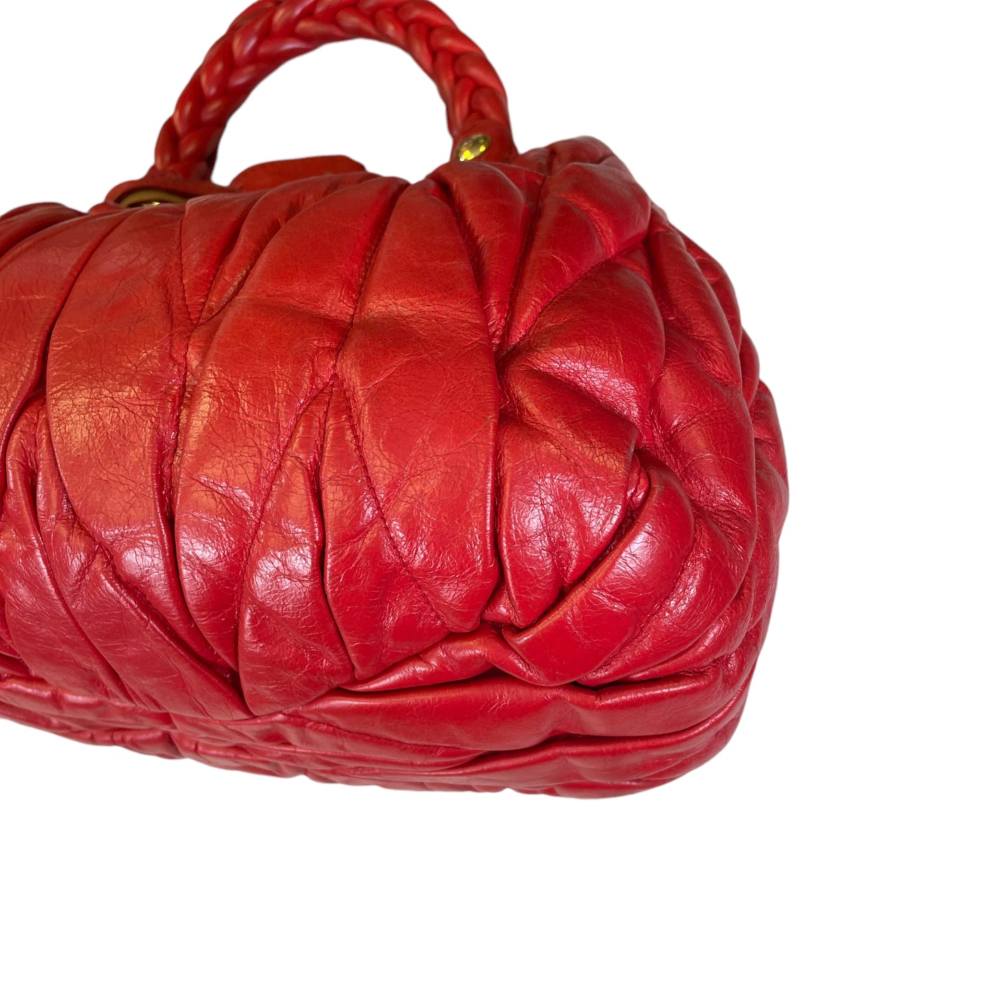 Miu Miu Tomato Red Rosa Matelasse Leather Two Way Gold Pretzel Crossbody Purse