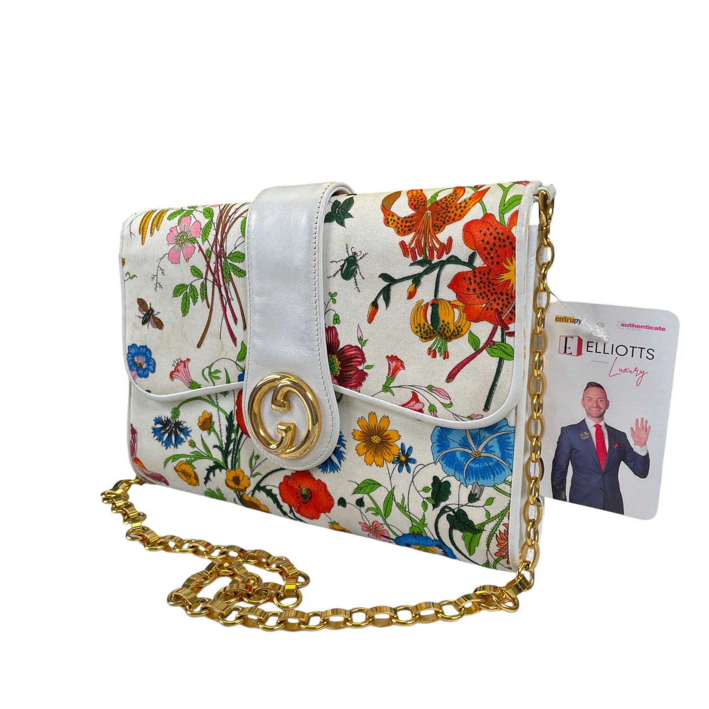 Gucci Vitorrio Accornero Snap Fabric Leather "Flora" Clutch 2 Way Chain Shoulder Purse