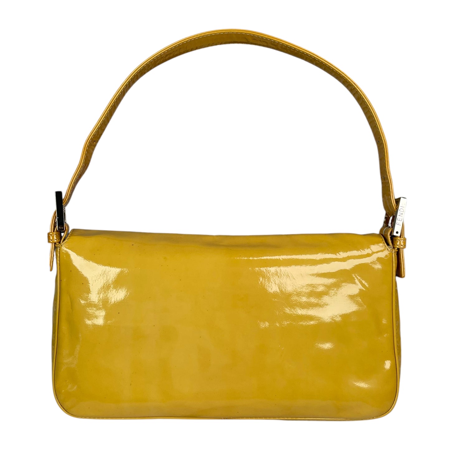 Fendi FF Mustard Yellow Classic Baguette Patent Leather Silver Shoulder Purse