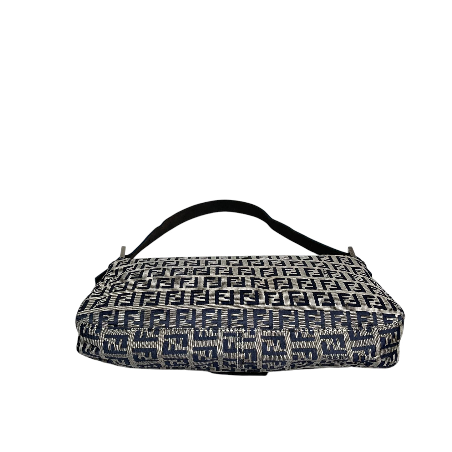 Fendi Classic Baguette Zucchino Navy Canvas Silver Leather Shoulder Purse