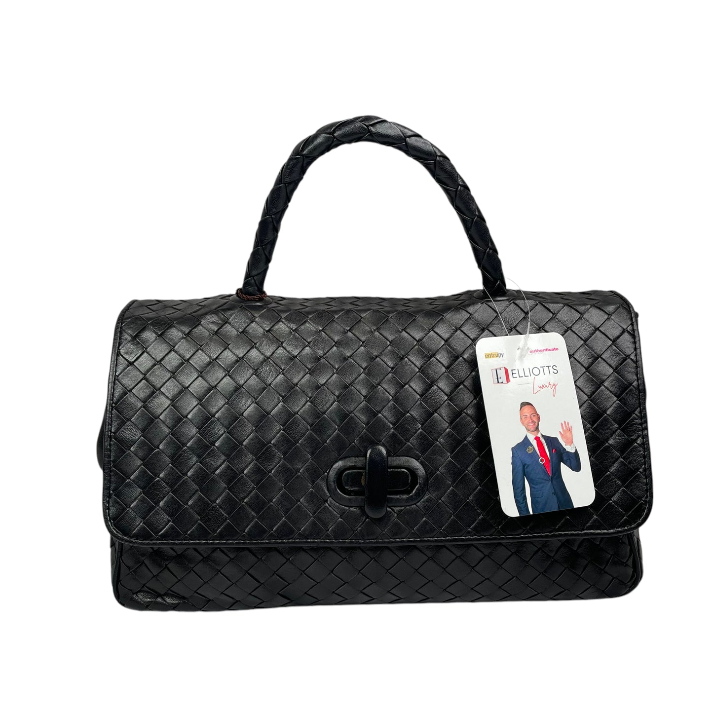 Bottega Veneta Black Intrecciato Leather Woven Top Handle Flap Turn-Lock Purse