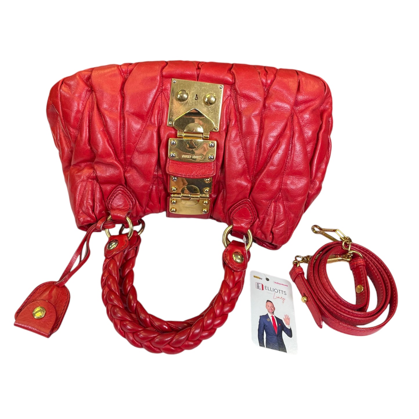 Miu Miu Tomato Red Rosa Matelasse Leather Two Way Gold Pretzel Crossbody Purse