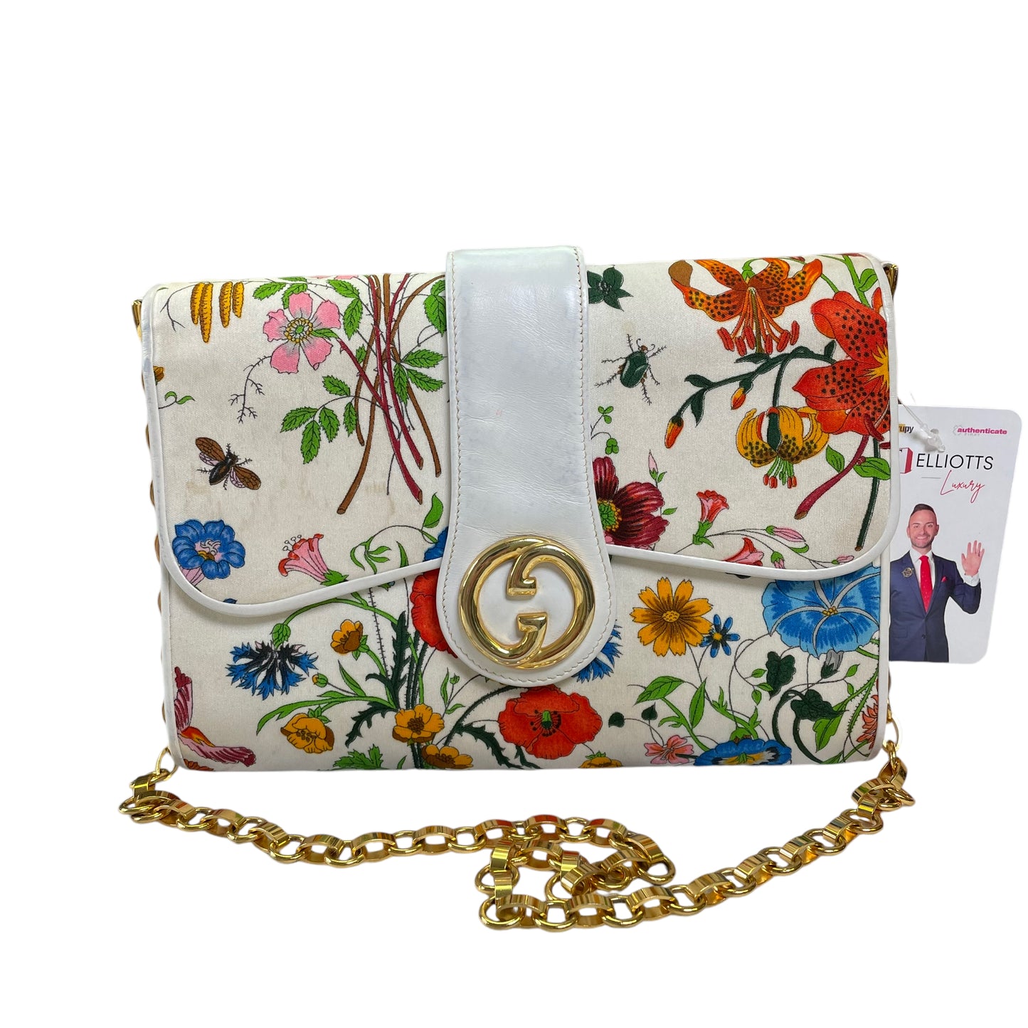Gucci Vitorrio Accornero Snap Fabric Leather "Flora" Clutch 2 Way Chain Shoulder Purse
