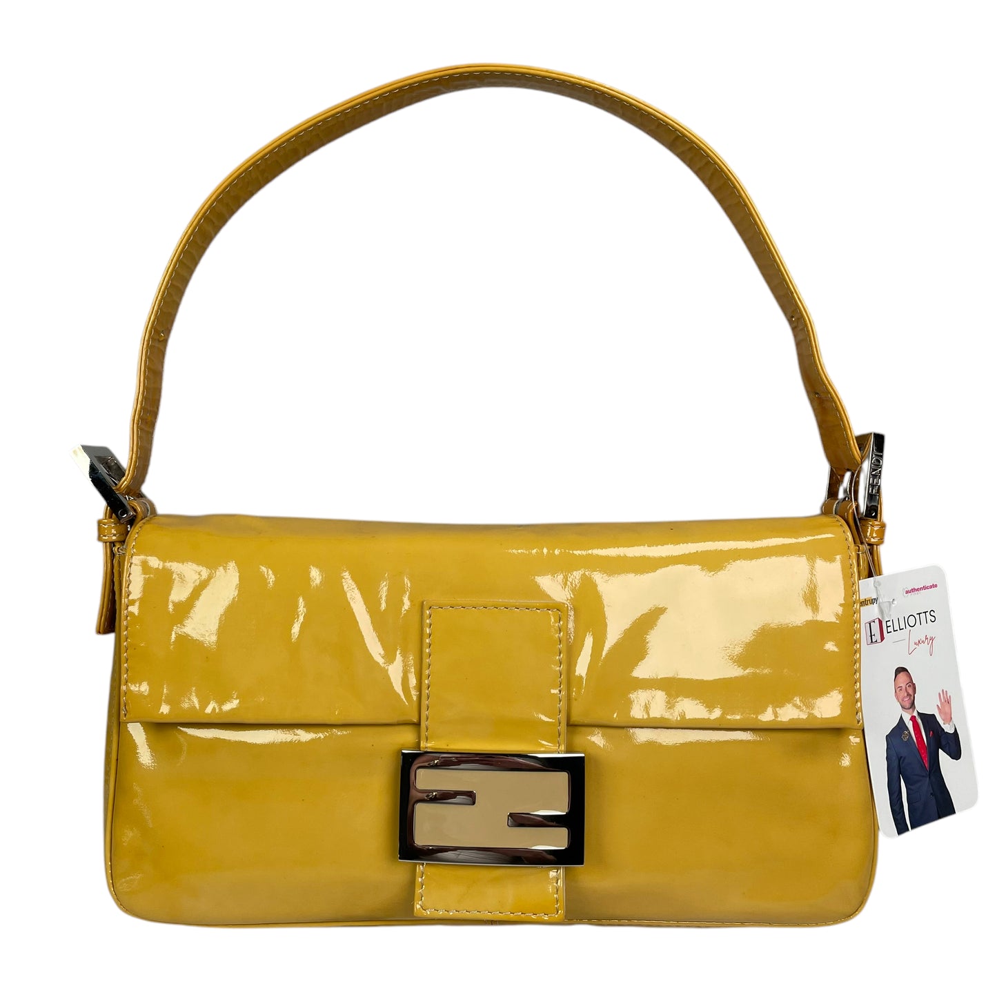 Fendi FF Mustard Yellow Classic Baguette Patent Leather Silver Shoulder Purse