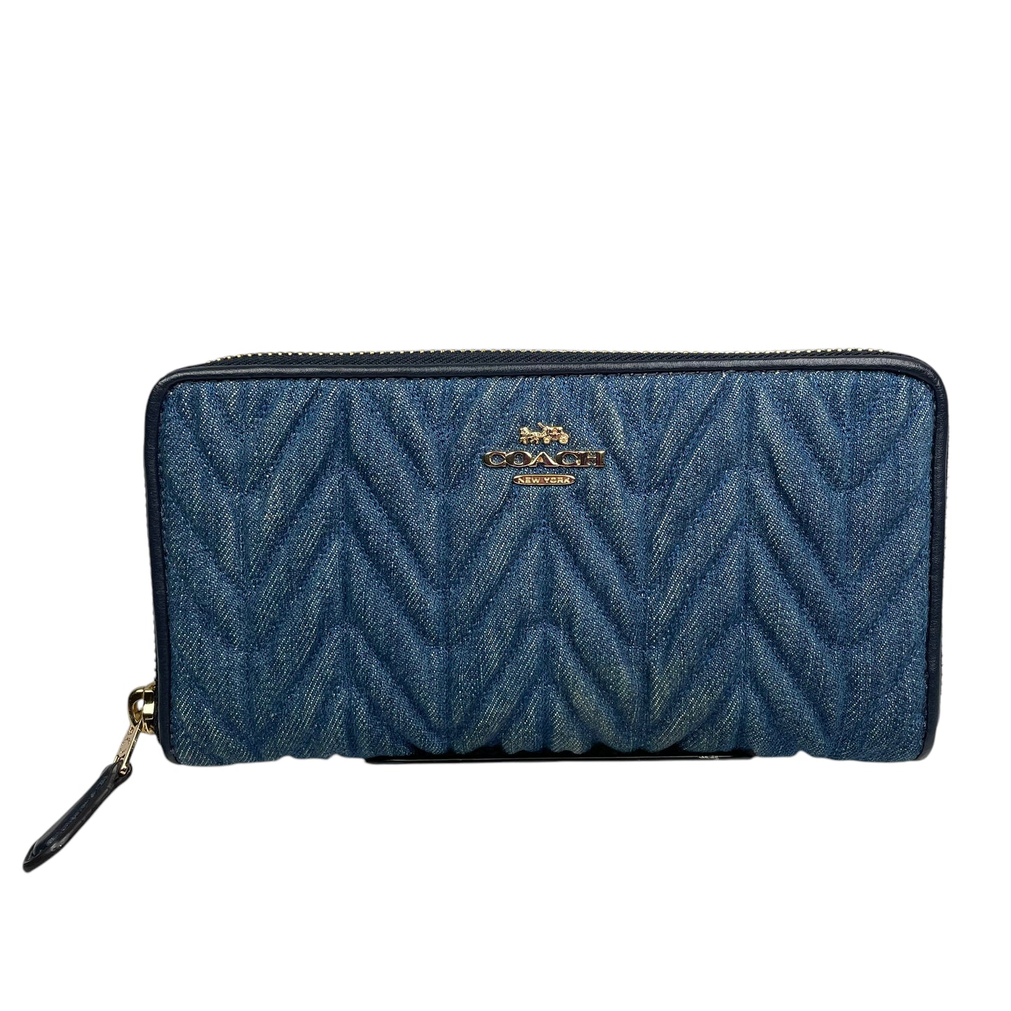 Coach Madison Denim Twist Long Navy Blue Leather Gold Trim Zip Around Wallet