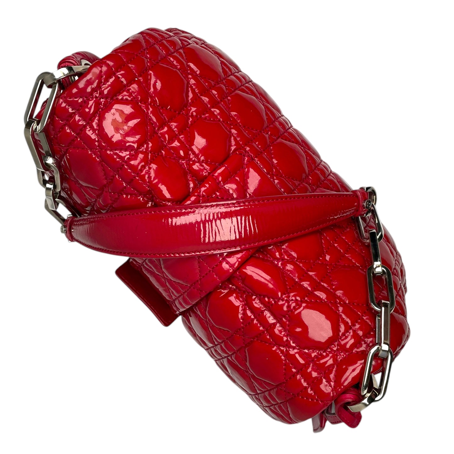 Christian Dior Red New Lock Patent Cannage Quilted Flap Shoulder Chain Purse