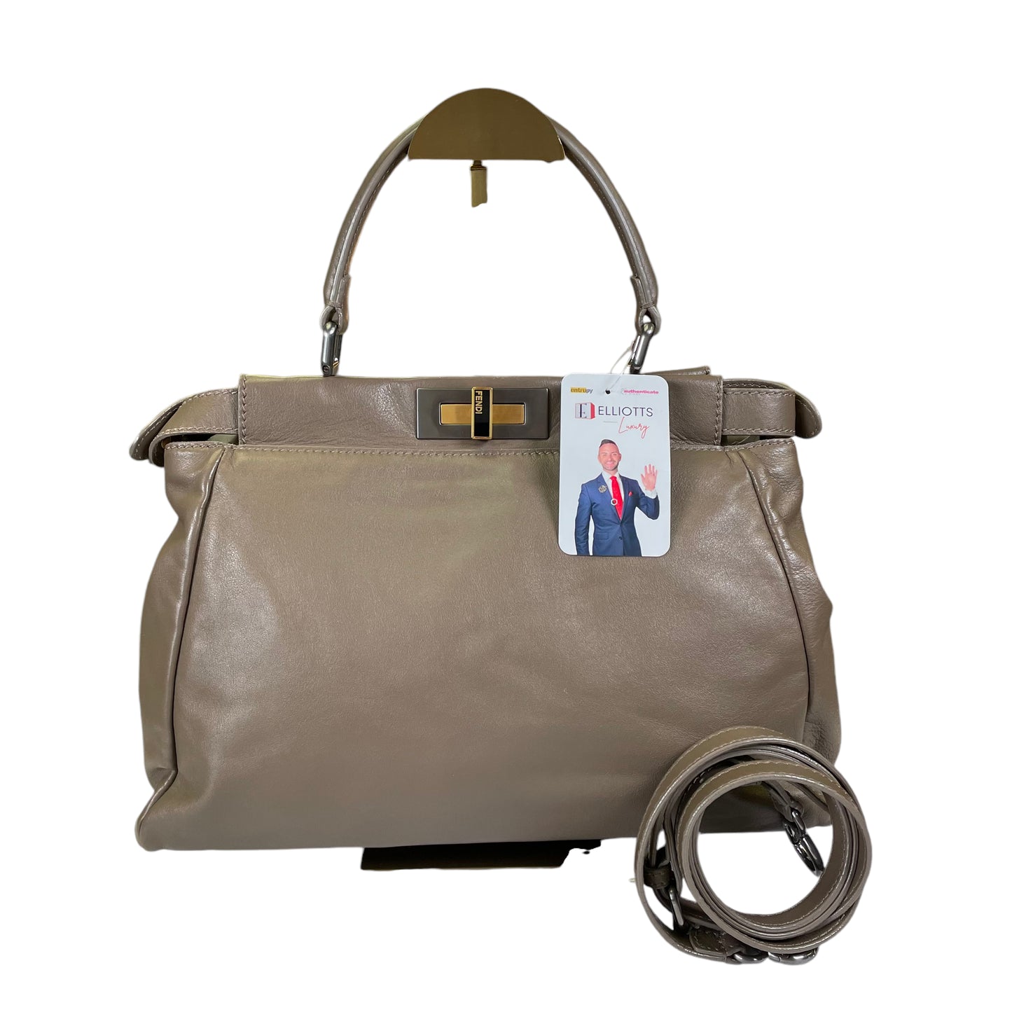 Fendi Peek A Boo Taupe Cheetah Fur Interior Medium Lambskin Two Toned 2 Way Crossbody Top Handle Purse