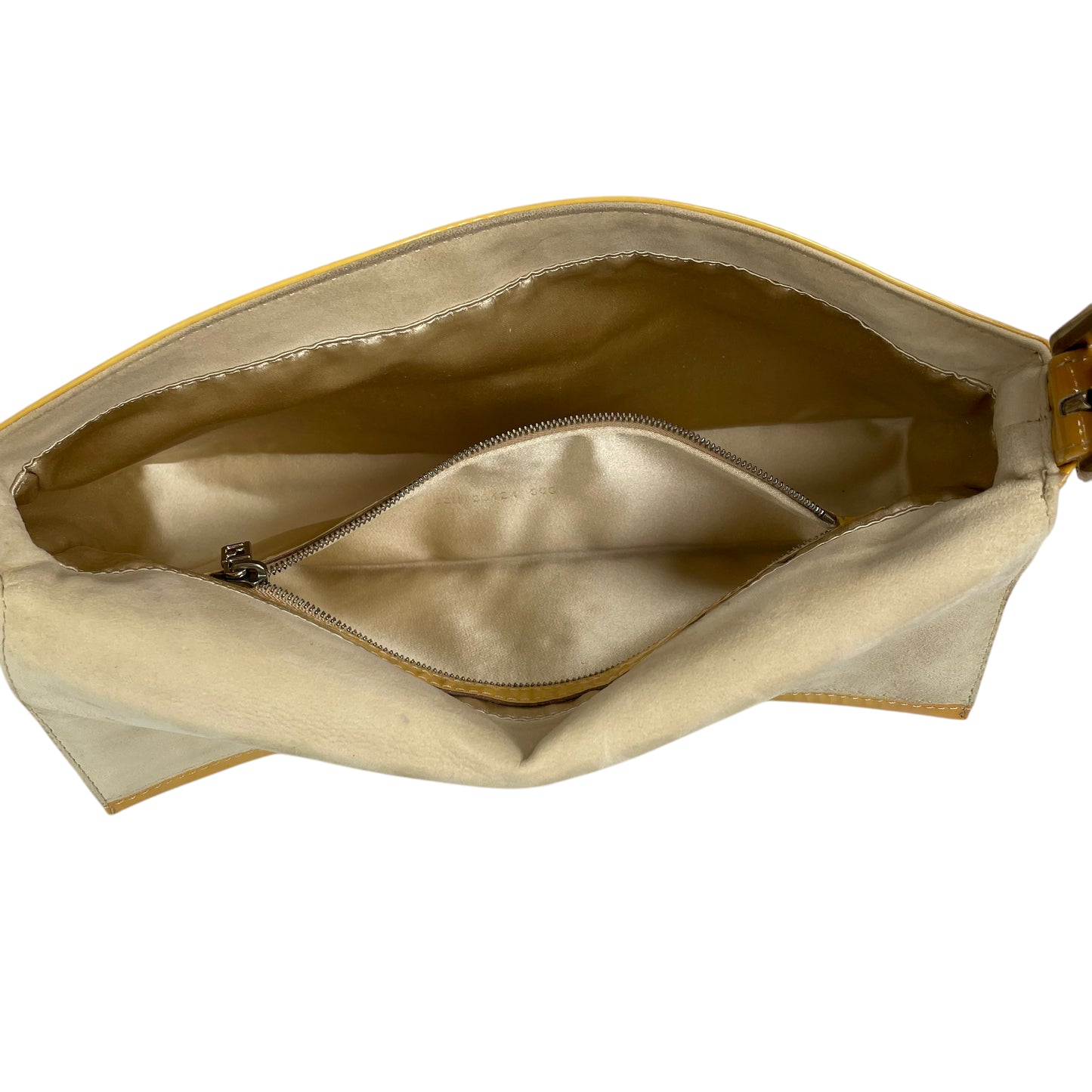 Fendi FF Mustard Yellow Classic Baguette Patent Leather Silver Shoulder Purse