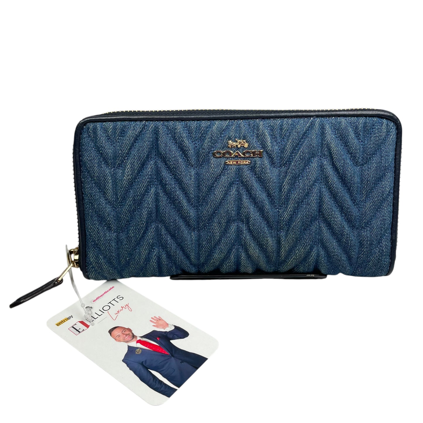 Coach Madison Denim Twist Long Navy Blue Leather Gold Trim Zip Around Wallet
