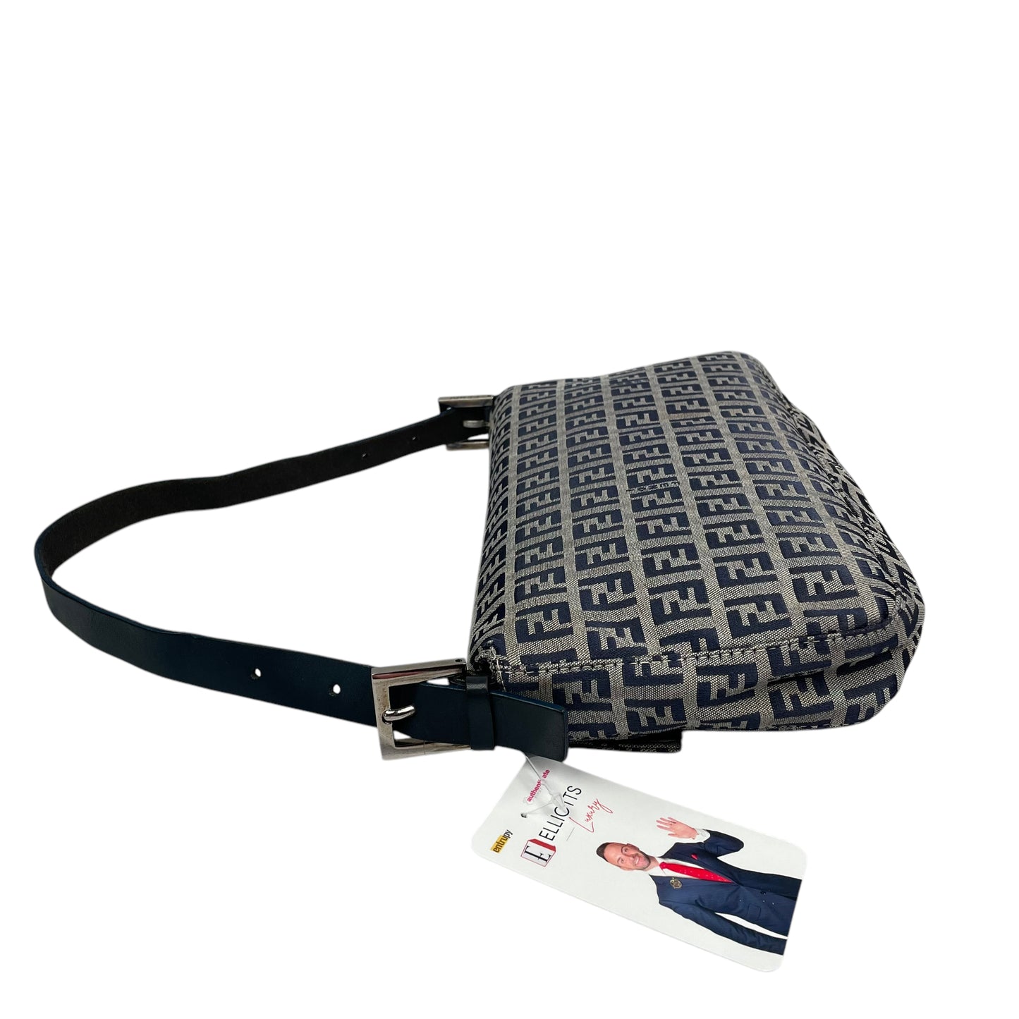 Fendi Classic Baguette Zucchino Navy Canvas Silver Leather Shoulder Purse