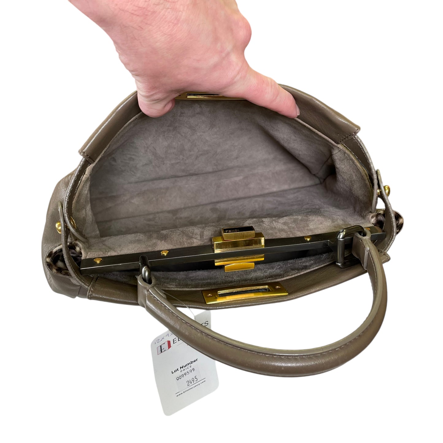 Fendi Peek A Boo Taupe Cheetah Fur Interior Medium Lambskin Two Toned 2 Way Crossbody Top Handle Purse