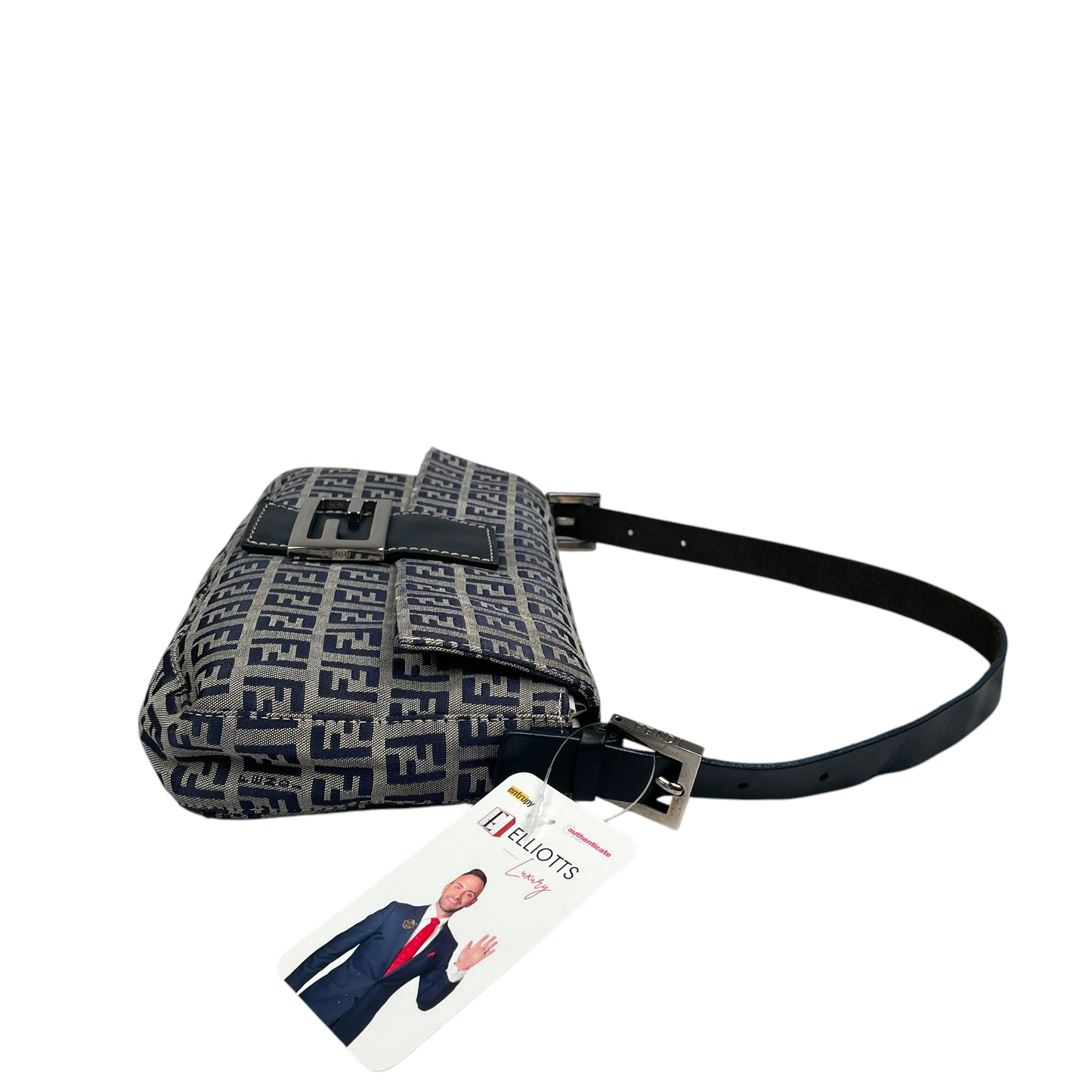 Fendi Classic Baguette Zucchino Navy Canvas Silver Leather Shoulder Purse