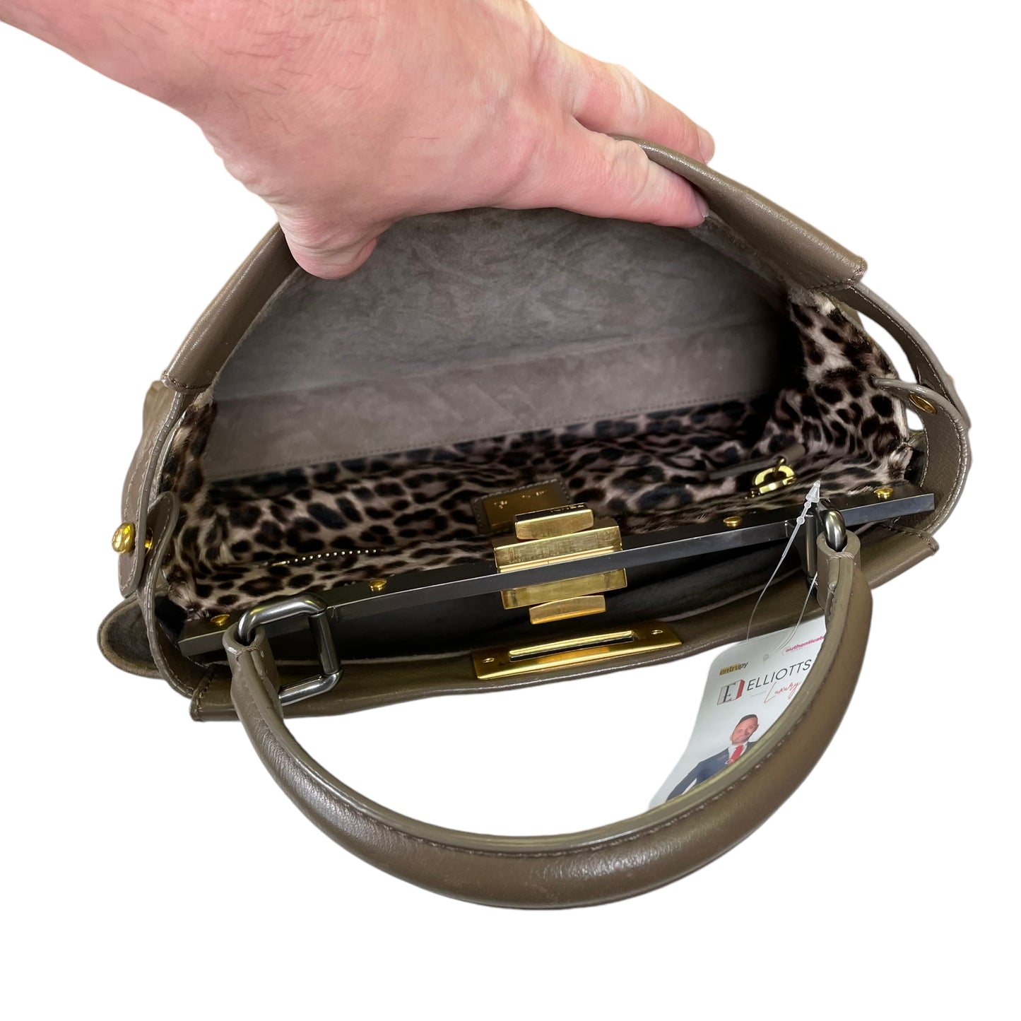 Fendi Peek A Boo Taupe Cheetah Fur Interior Medium Lambskin Two Toned 2 Way Crossbody Top Handle Purse