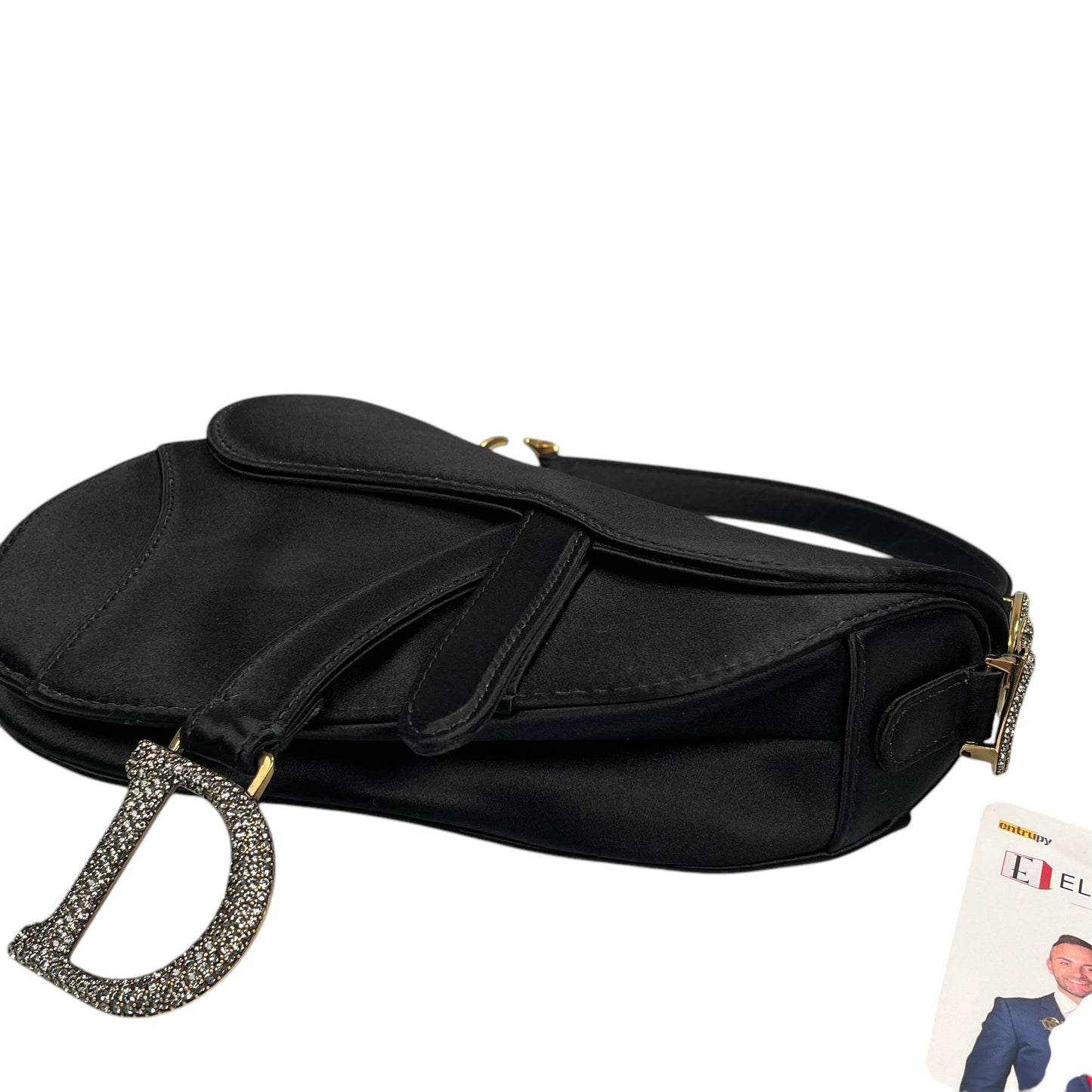 Christian Dior Mini Saddle Bag Black Silk Satin Crystal Encrusted Gold Hardware