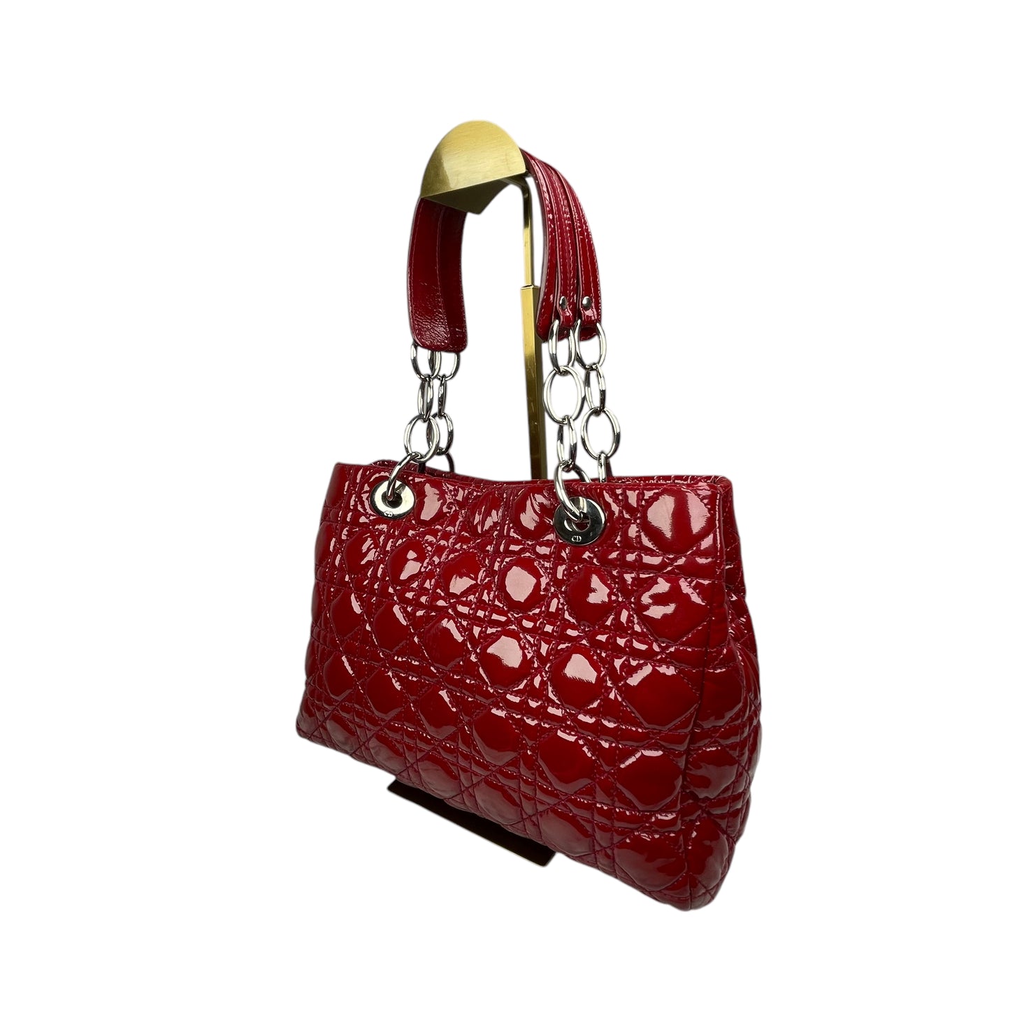 Christian Dior Lady Dior Soft Cannage Patent Quilted Silver Med Shoulder Purse