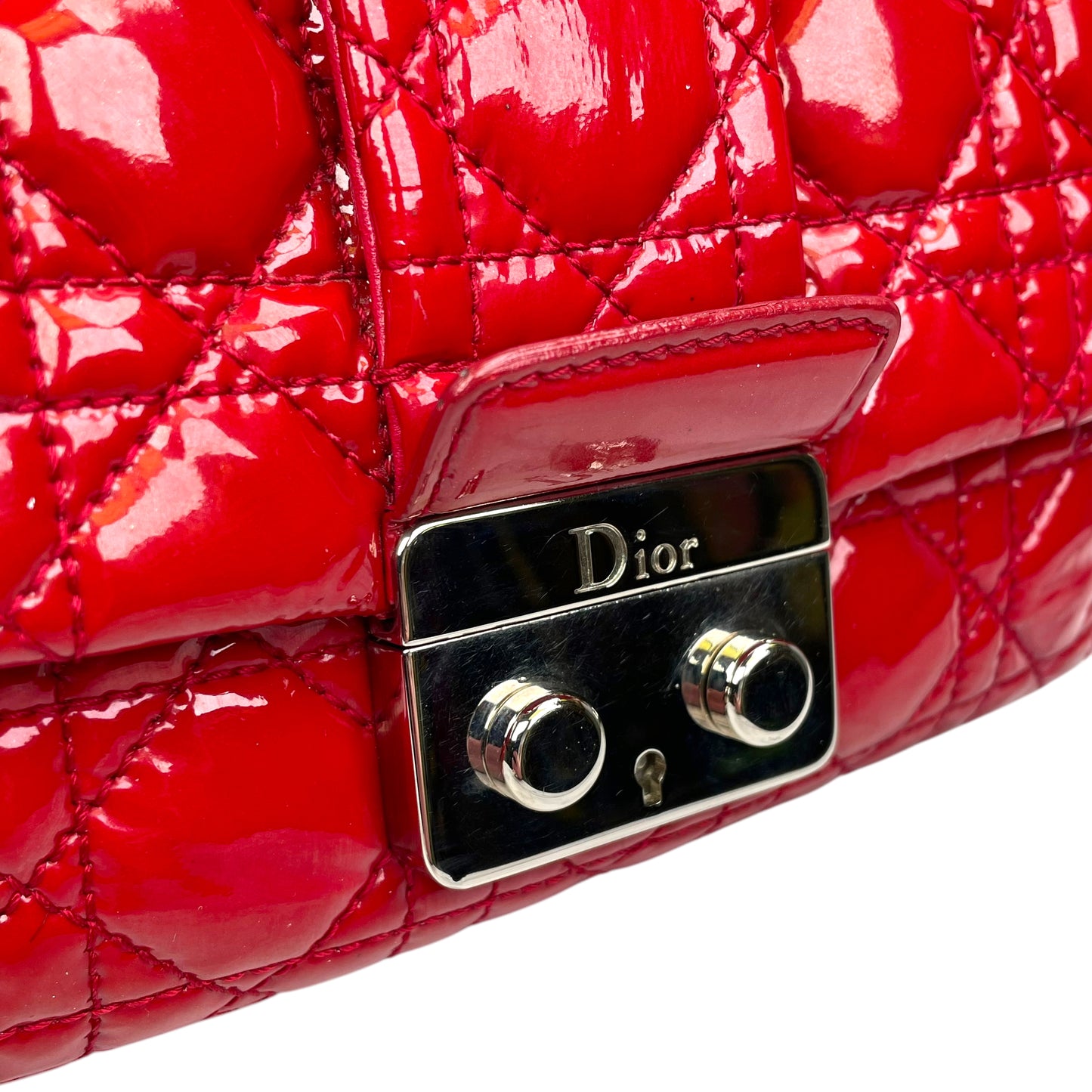 Christian Dior Red New Lock Patent Cannage Quilted Flap Shoulder Chain Purse