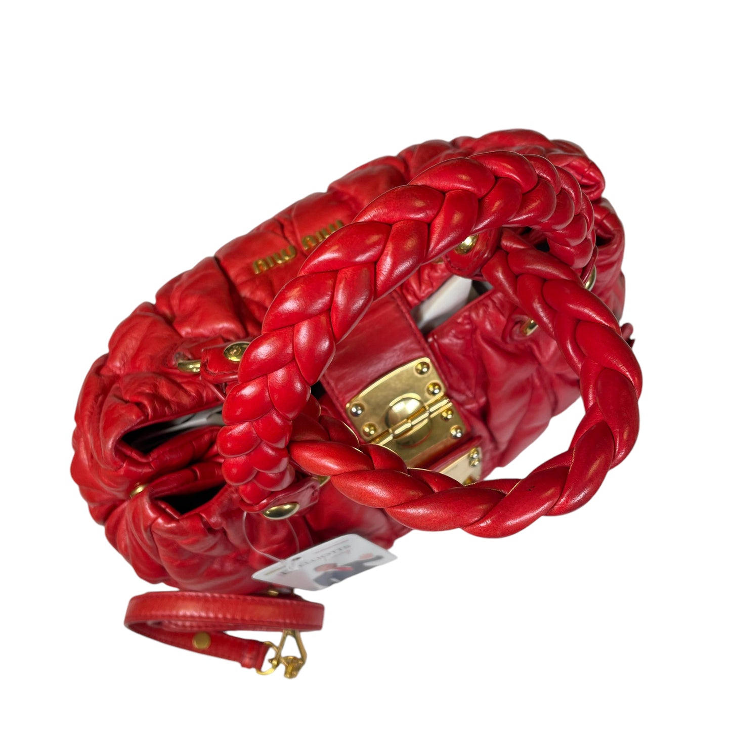 Miu Miu Tomato Red Rosa Matelasse Leather Two Way Gold Pretzel Crossbody Purse
