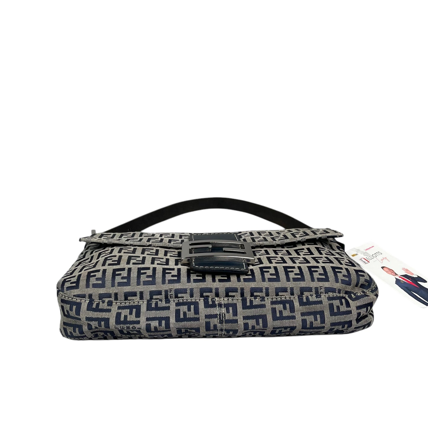 Fendi Classic Baguette Zucchino Navy Canvas Silver Leather Shoulder Purse