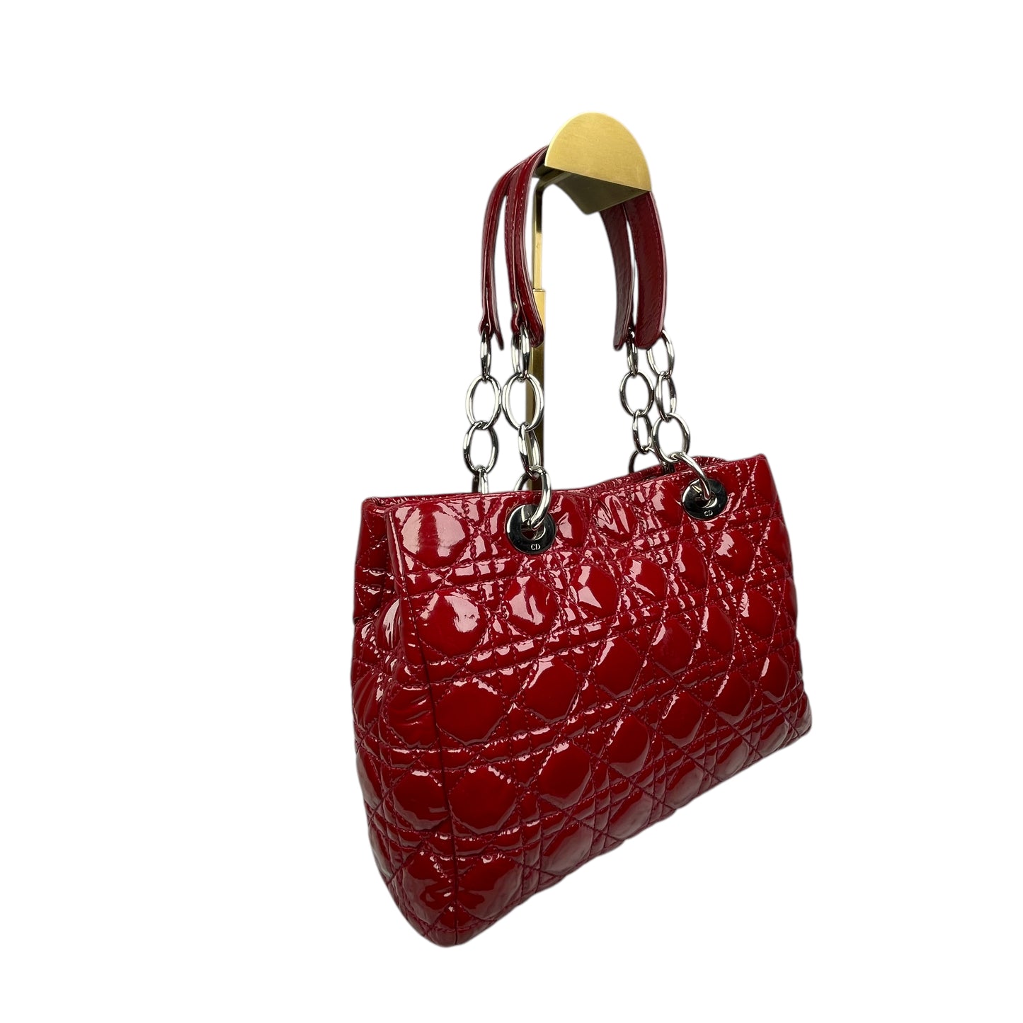 Christian Dior Lady Dior Soft Cannage Patent Quilted Silver Med Shoulder Purse