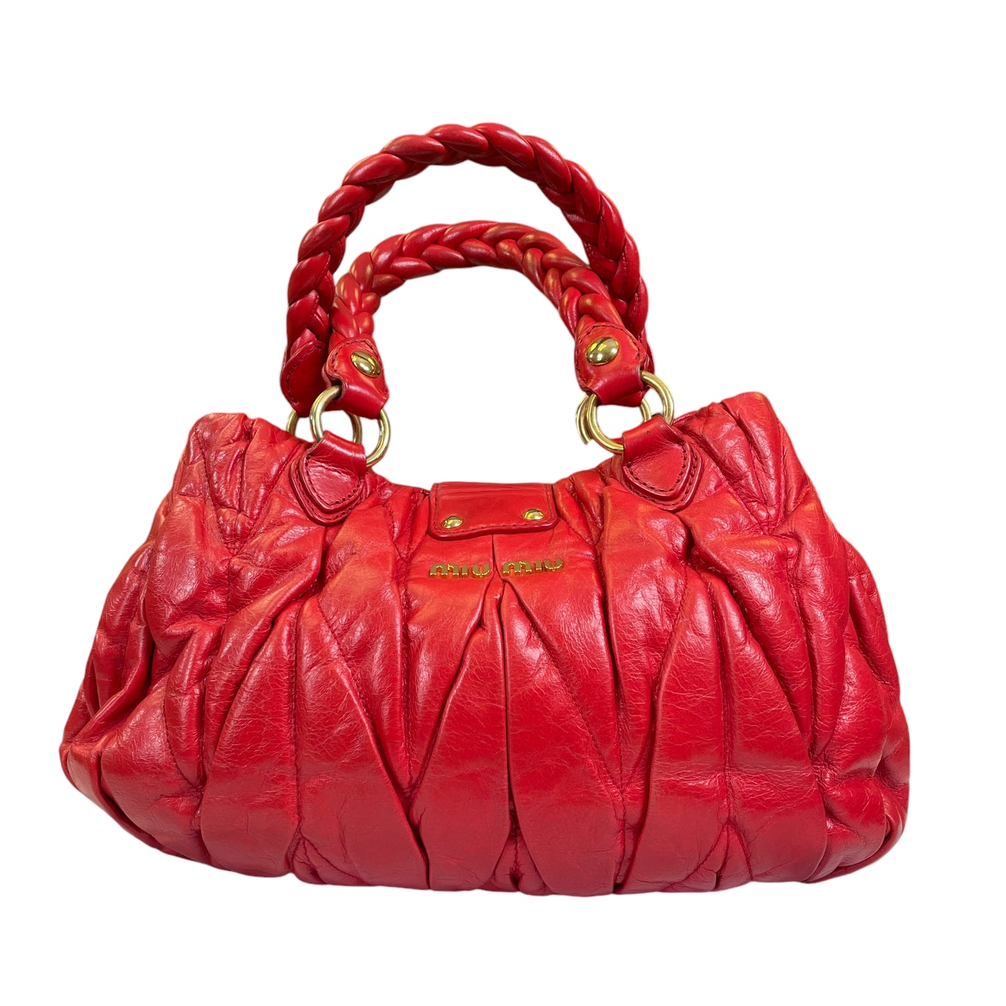 Miu Miu Tomato Red Rosa Matelasse Leather Two Way Gold Pretzel Crossbody Purse