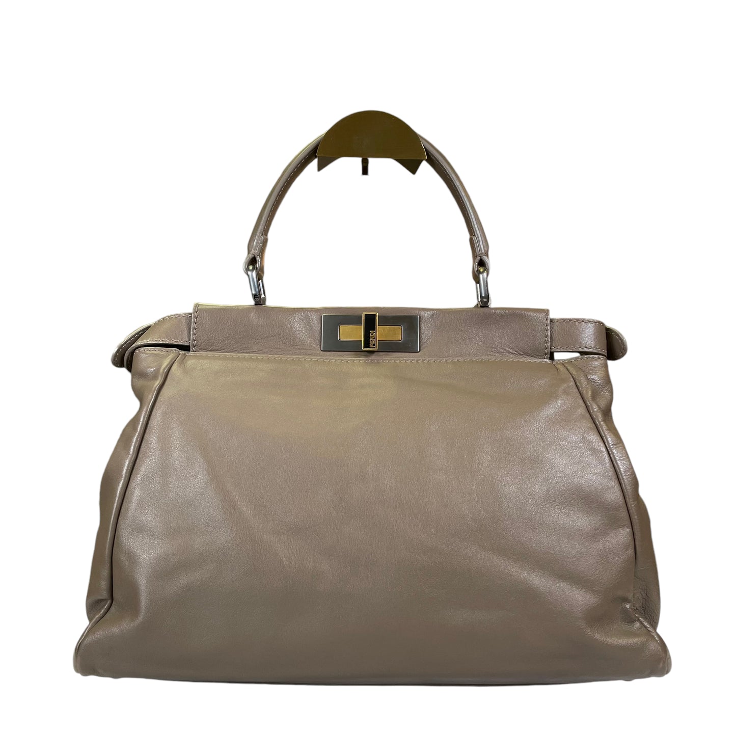 Fendi Peek A Boo Taupe Cheetah Fur Interior Medium Lambskin Two Toned 2 Way Crossbody Top Handle Purse