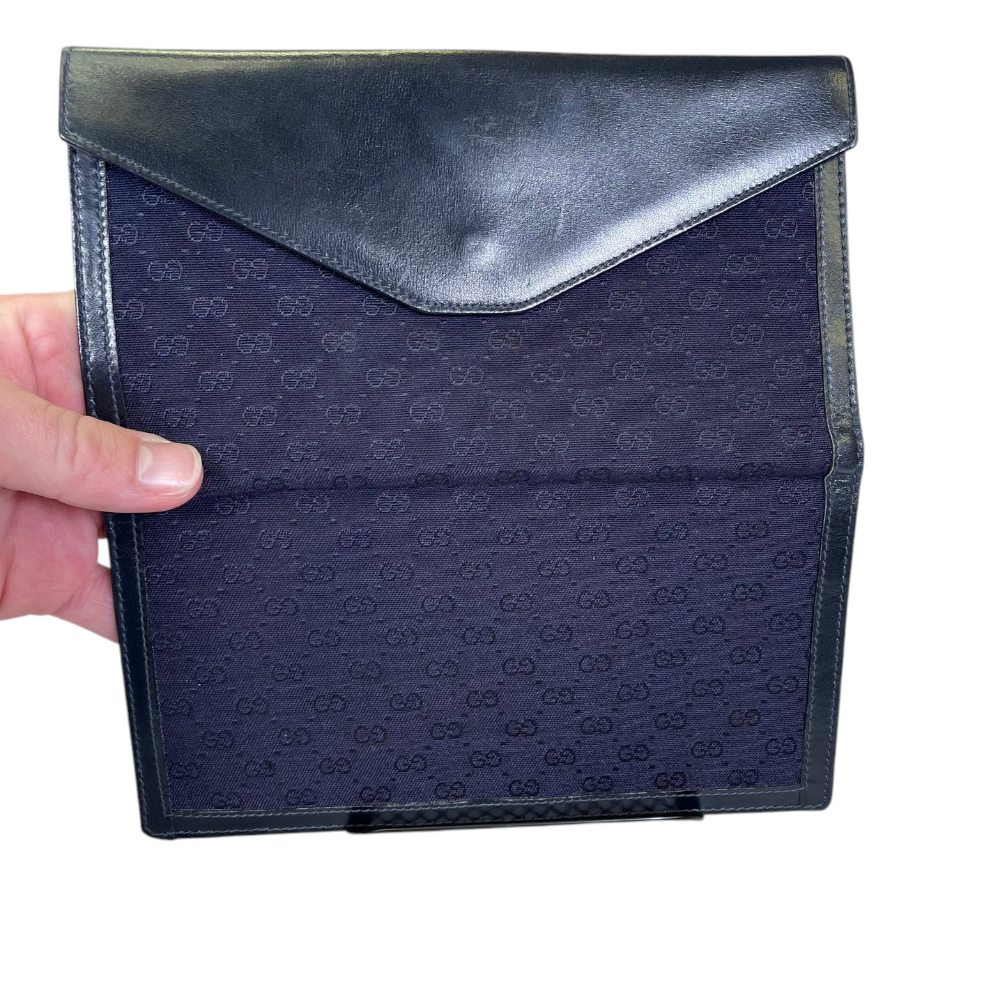 Gucci GG Navy Blue Canvas Leather Micro Monogram International Gold Snap Wallet