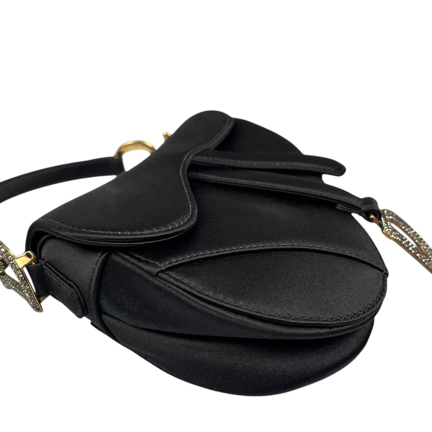 Christian Dior Mini Saddle Bag Black Silk Satin Crystal Encrusted Gold Hardware