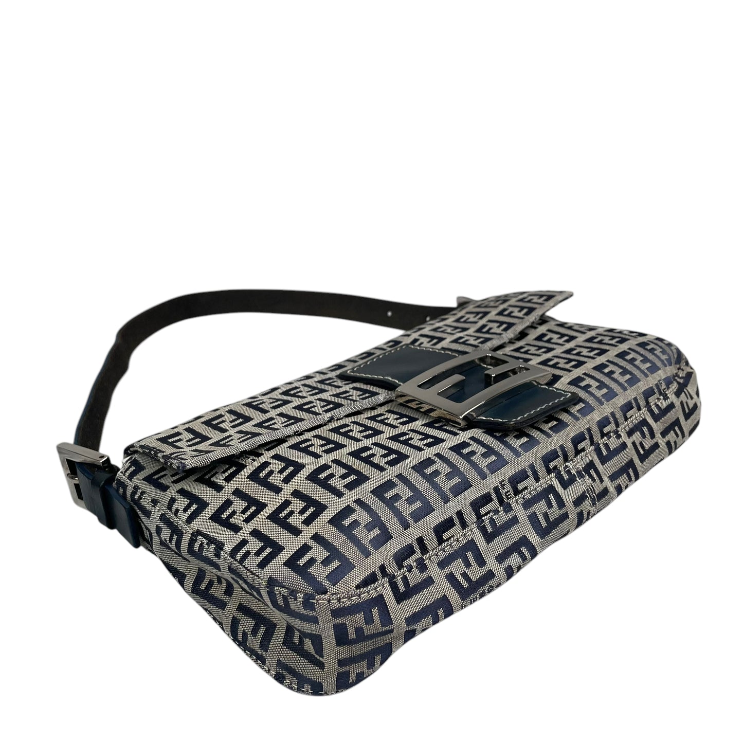 Fendi Classic Baguette Zucchino Navy Canvas Silver Leather Shoulder Purse