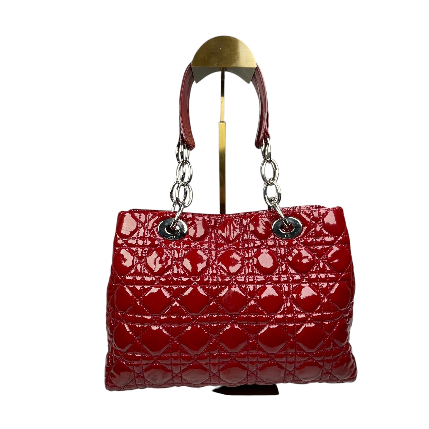 Christian Dior Lady Dior Soft Cannage Patent Quilted Silver Med Shoulder Purse