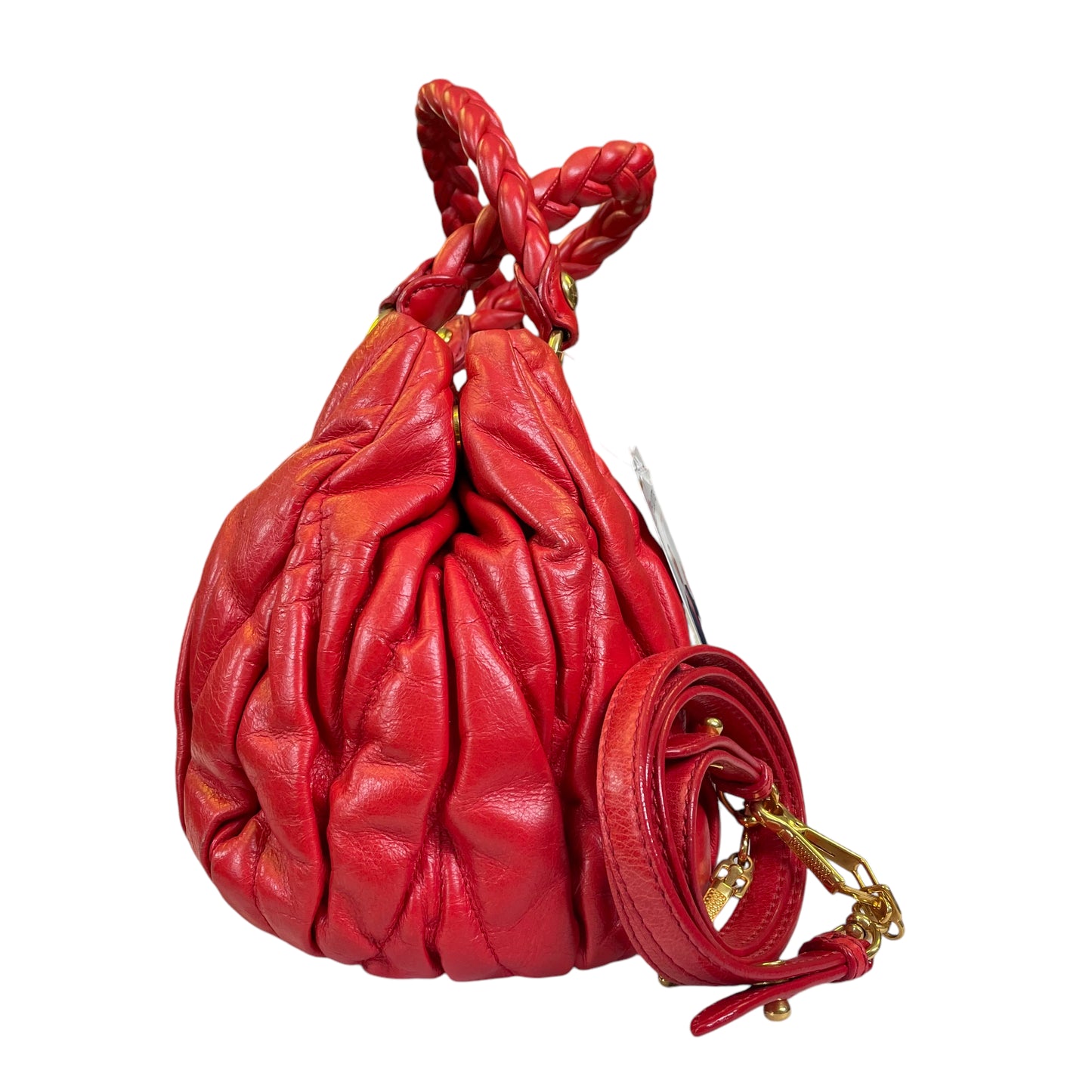 Miu Miu Tomato Red Rosa Matelasse Leather Two Way Gold Pretzel Crossbody Purse