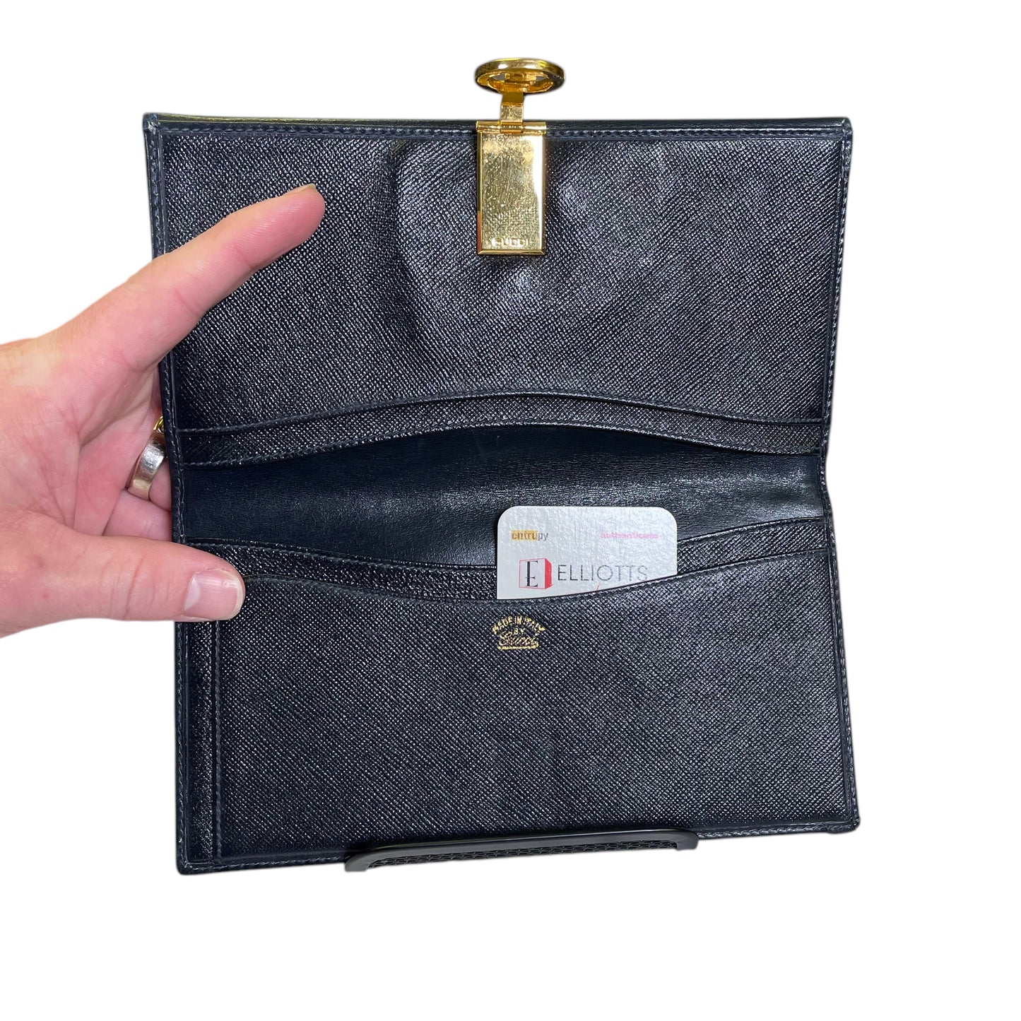 Gucci GG Navy Blue Canvas Leather Micro Monogram International Gold Snap Wallet