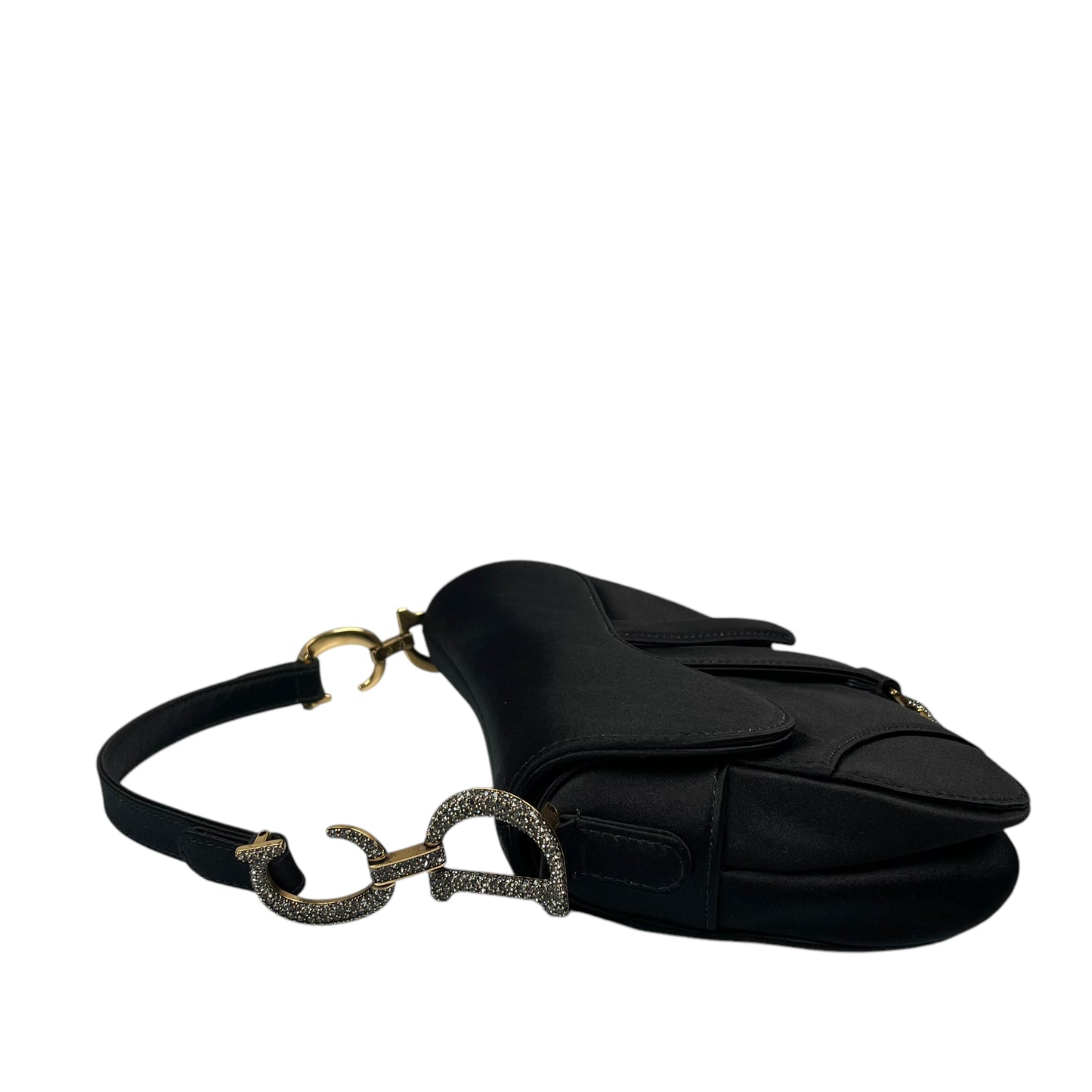 Christian Dior Mini Saddle Bag Black Silk Satin Crystal Encrusted Gold Hardware