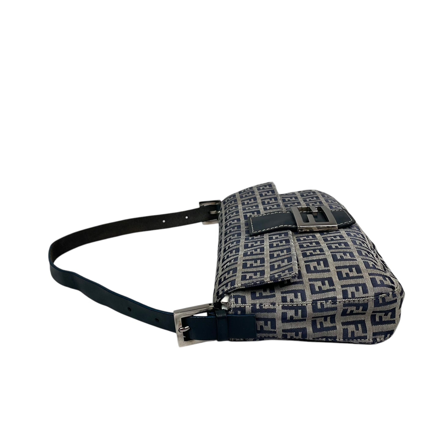 Fendi Classic Baguette Zucchino Navy Canvas Silver Leather Shoulder Purse