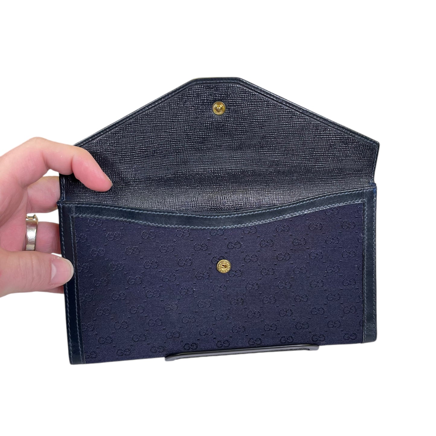 Gucci GG Navy Blue Canvas Leather Micro Monogram International Gold Snap Wallet