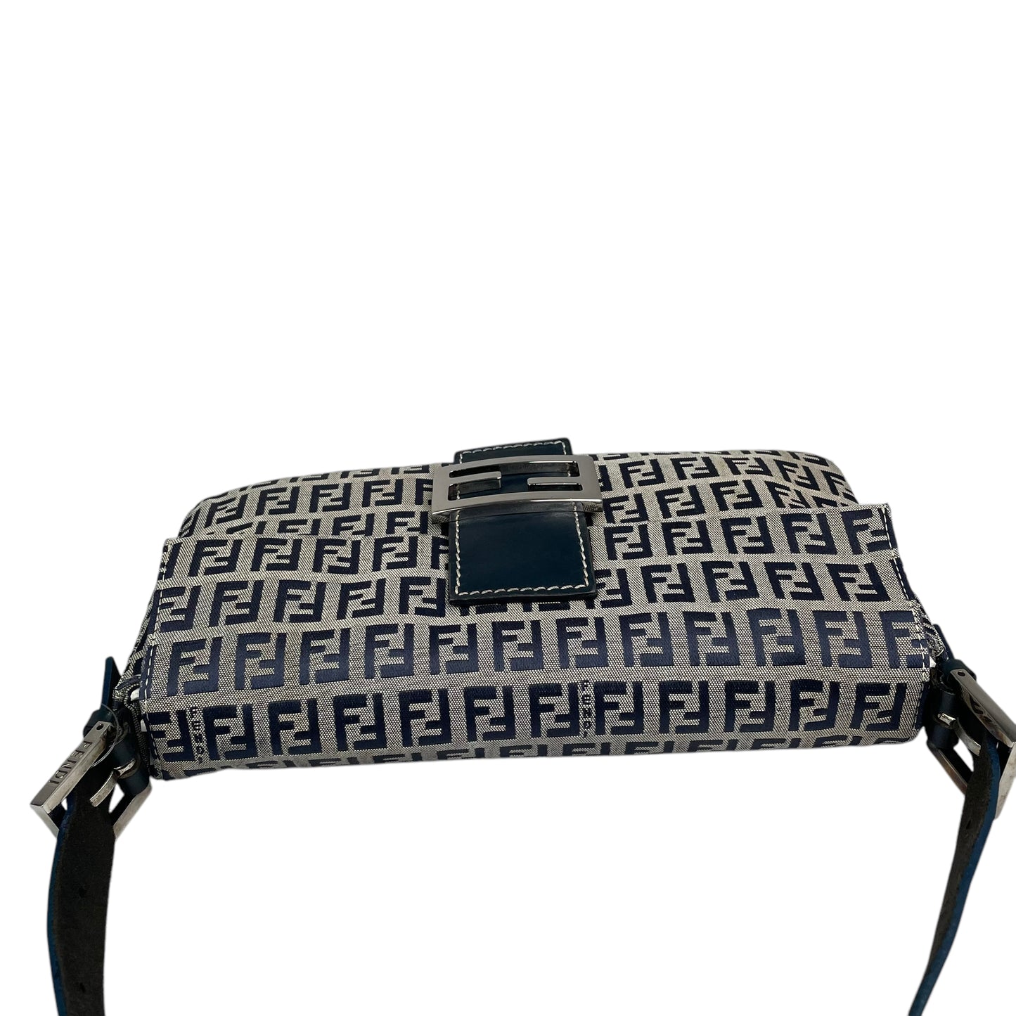 Fendi Classic Baguette Zucchino Navy Canvas Silver Leather Shoulder Purse