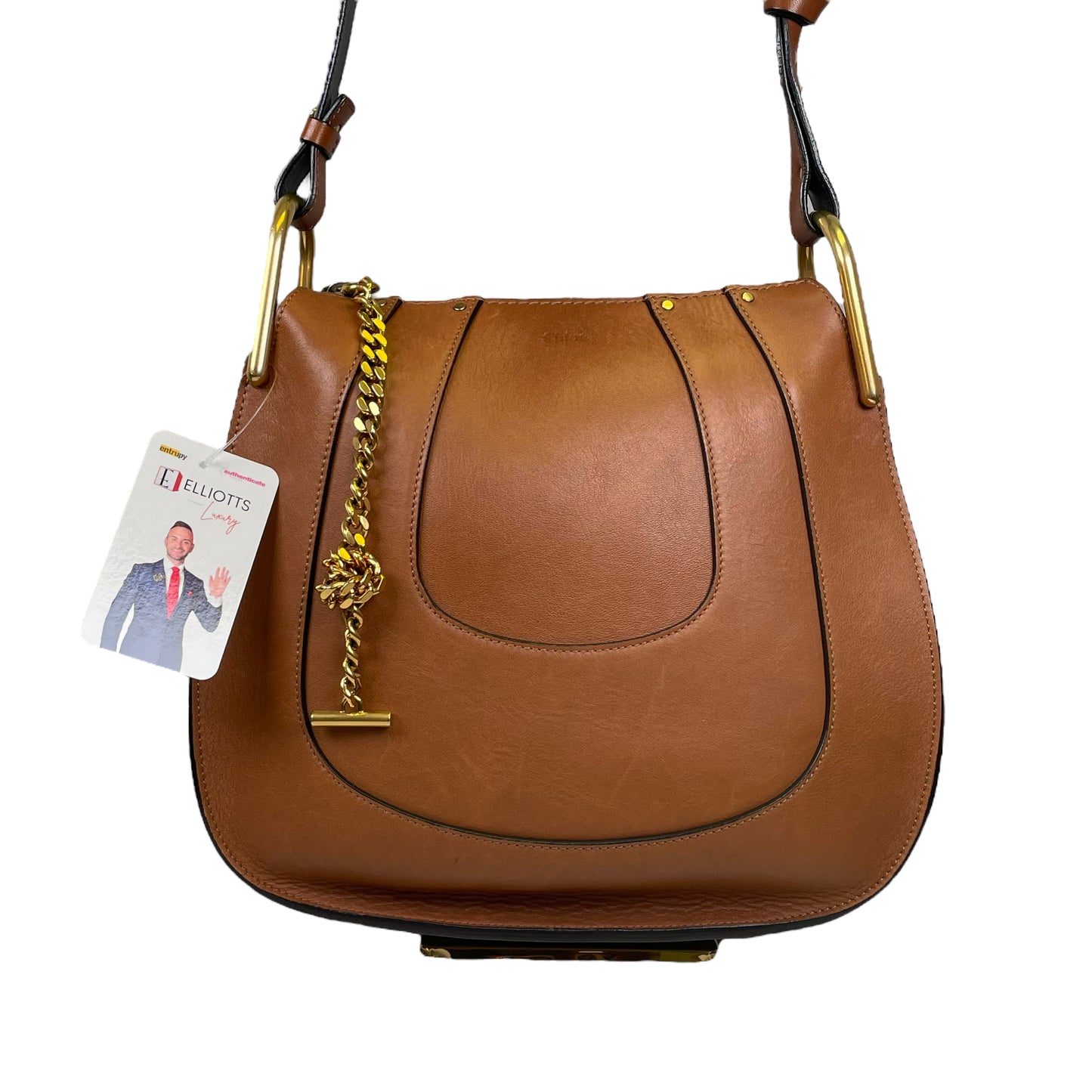 Chloe Haley Calf Skin Equestrian Bourbon Brown Bucket 2 Way Crossbody Shoulder Purse