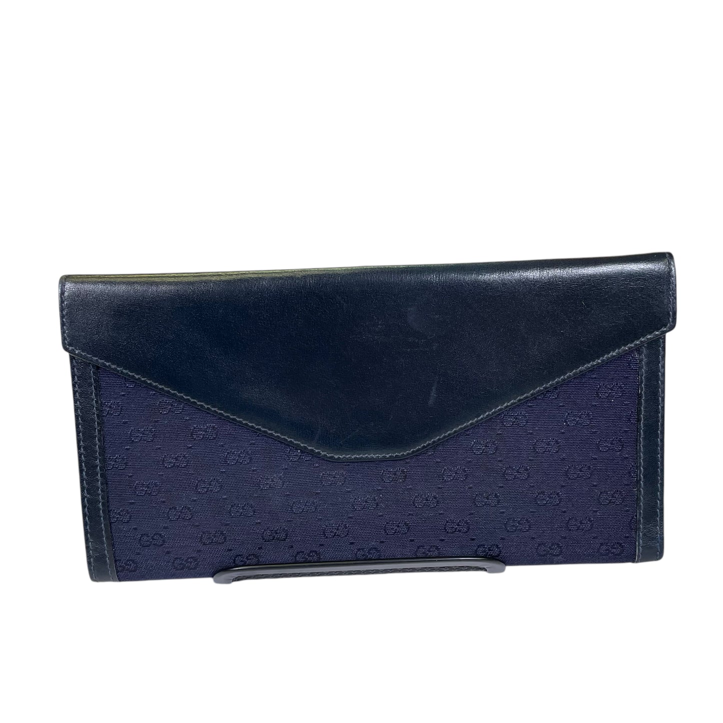Gucci GG Navy Blue Canvas Leather Micro Monogram International Gold Snap Wallet
