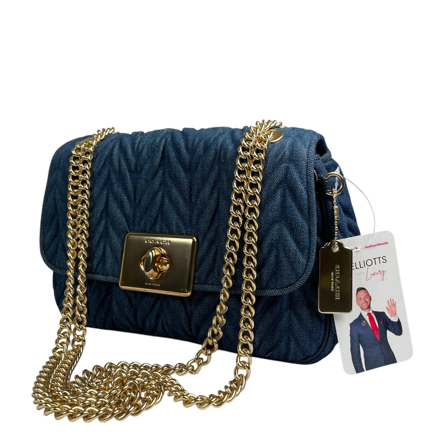 Coach Cassidy Denim Twist Quilted 2-Way Flap Turn-Lock Crossbody Shoulder Purse
