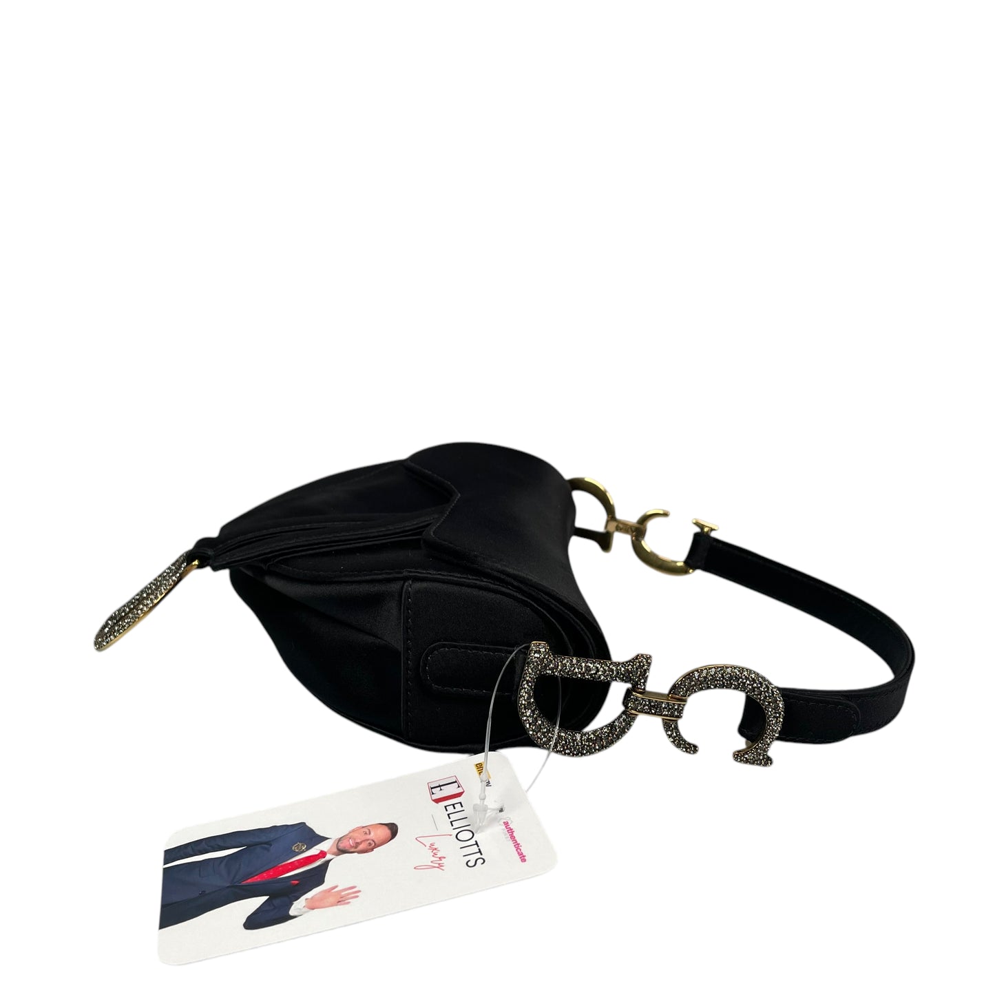 Christian Dior Mini Saddle Bag Black Silk Satin Crystal Encrusted Gold Hardware