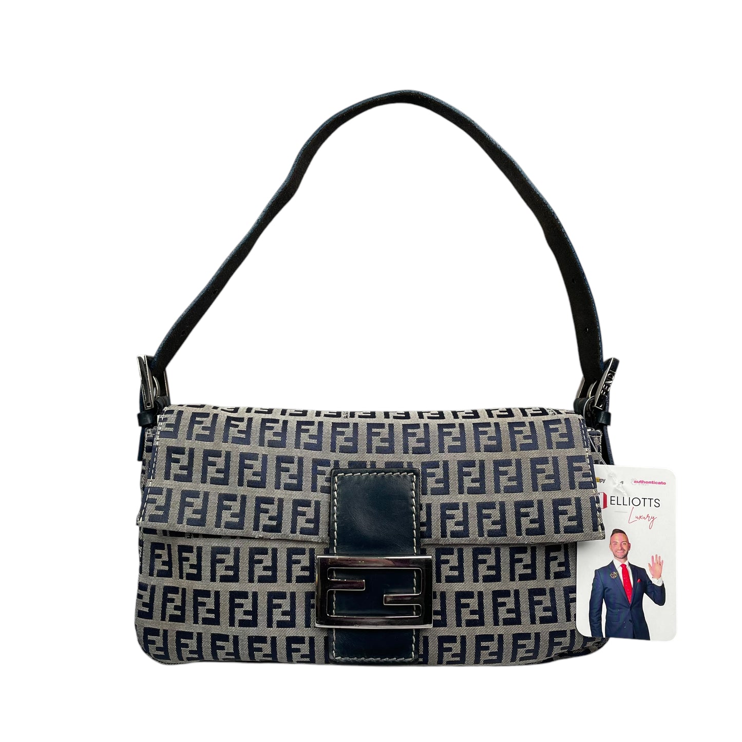 Fendi Classic Baguette Zucchino Navy Canvas Silver Leather Shoulder Purse