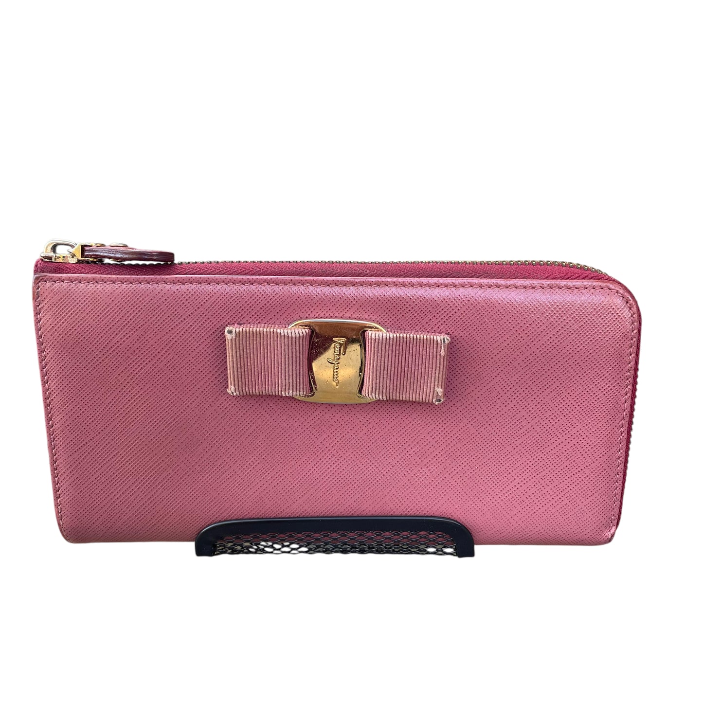 Salvatore Ferragamo Saffiano Purple Vara Ribbon Bow Zip Around Long Wallet