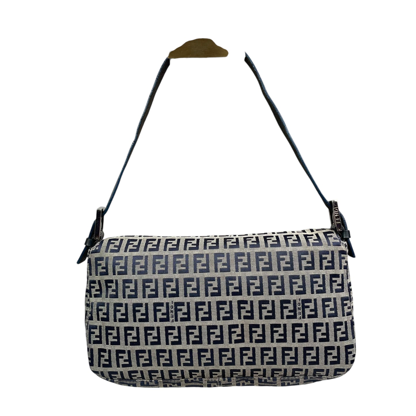 Fendi Classic Baguette Zucchino Navy Canvas Silver Leather Shoulder Purse