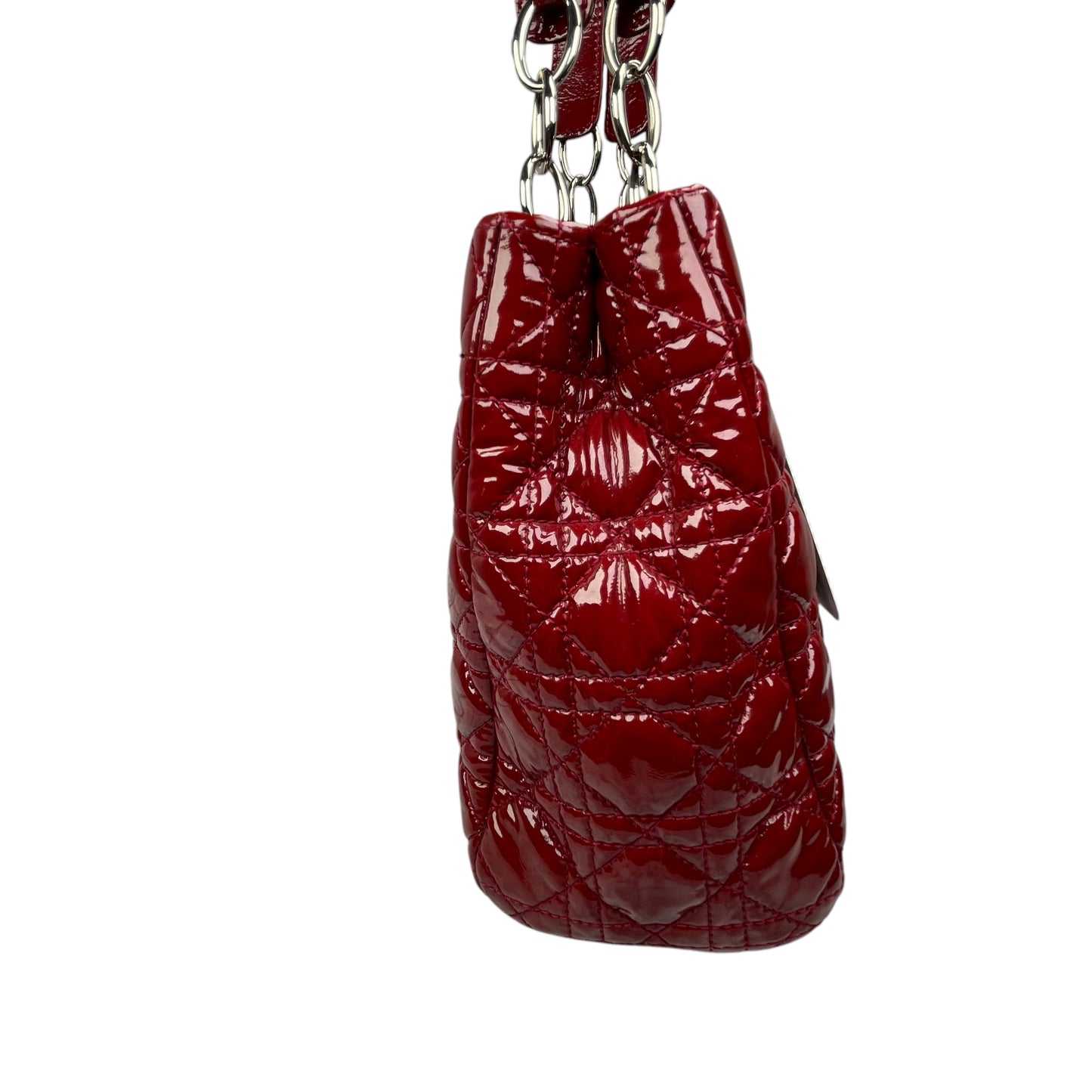 Christian Dior Lady Dior Soft Cannage Patent Quilted Silver Med Shoulder Purse