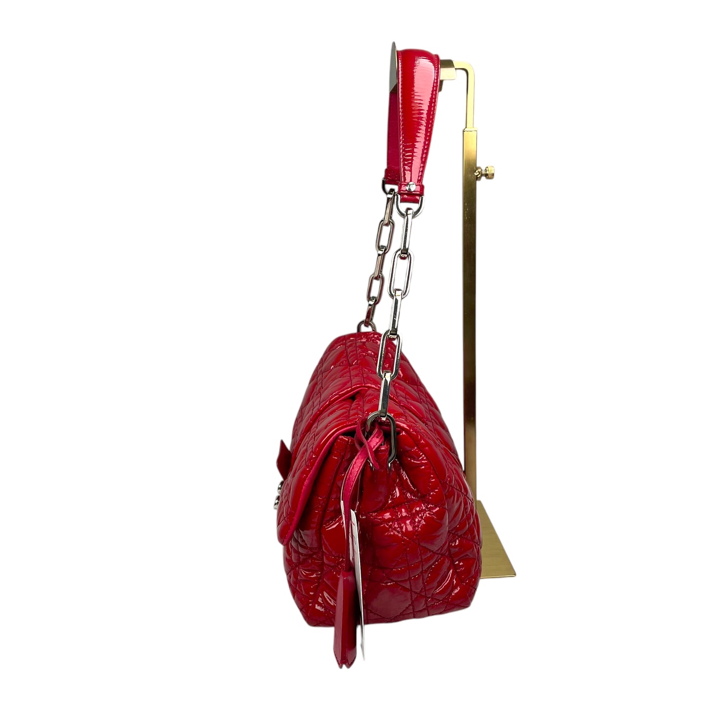 Christian Dior Red New Lock Patent Cannage Quilted Flap Shoulder Chain Purse