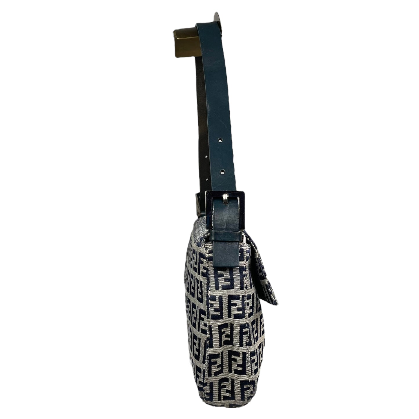 Fendi Classic Baguette Zucchino Navy Canvas Silver Leather Shoulder Purse