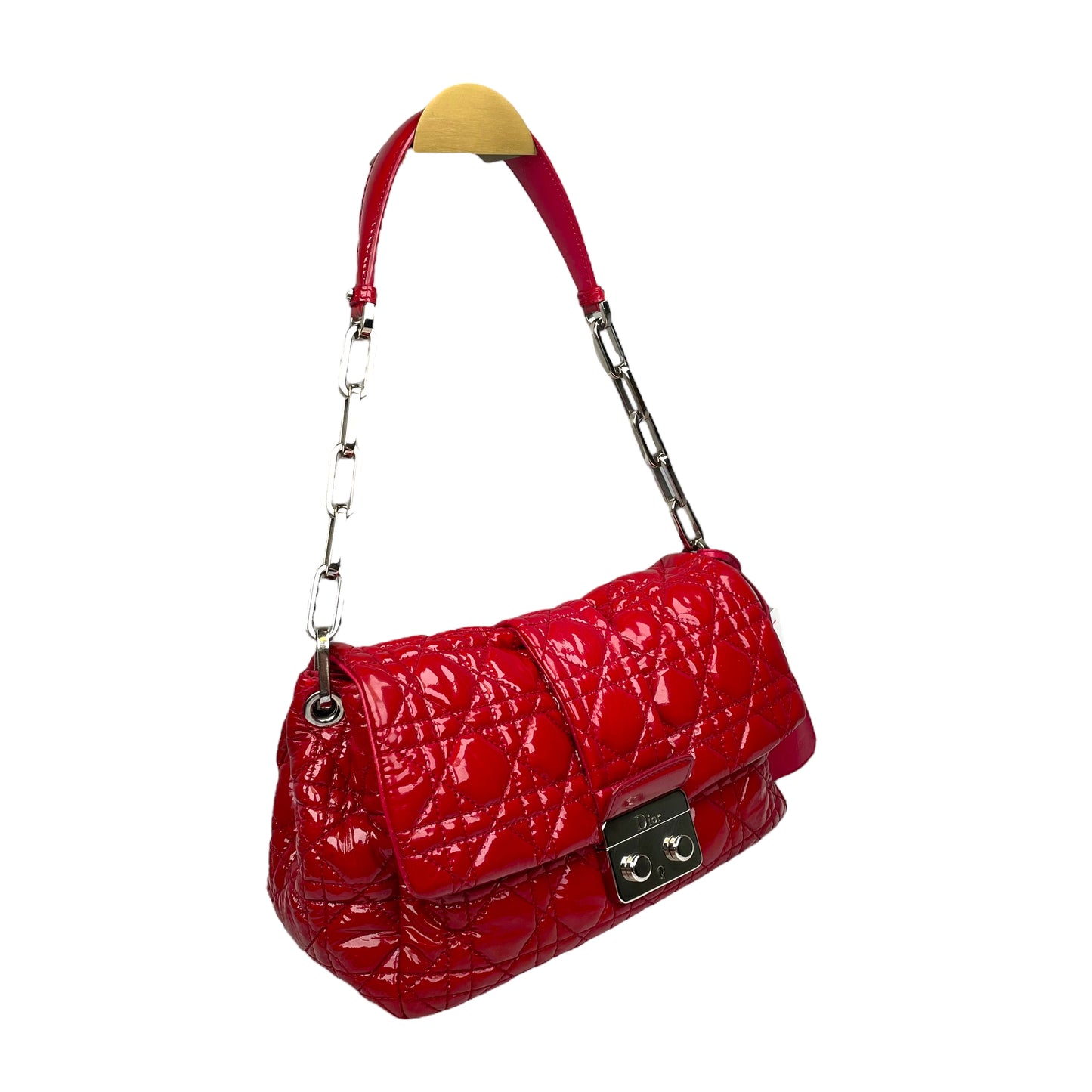 Christian Dior Red New Lock Patent Cannage Quilted Flap Shoulder Chain Purse