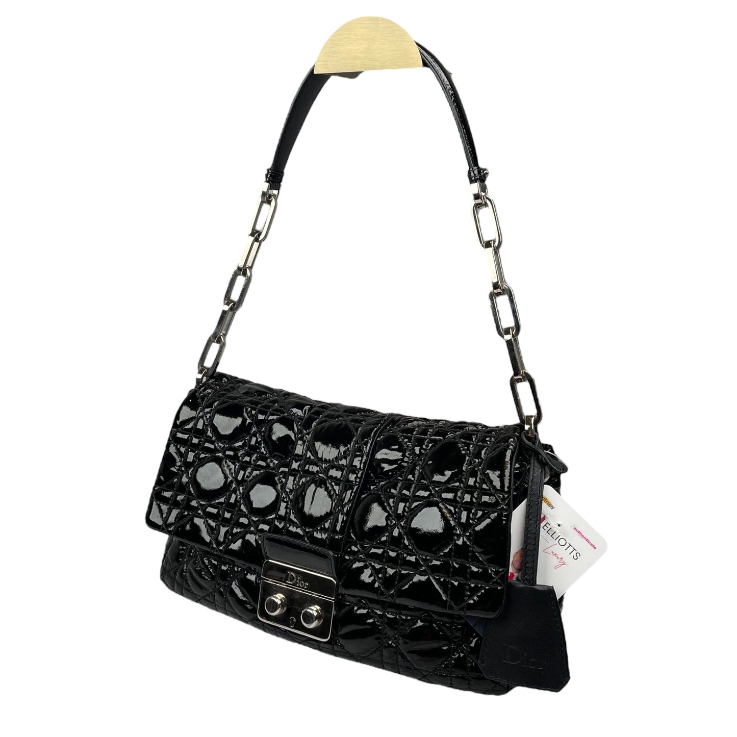 Christian Dior Black New Lock Patent Cannage Quilted Flap Shoulder Chain Purse