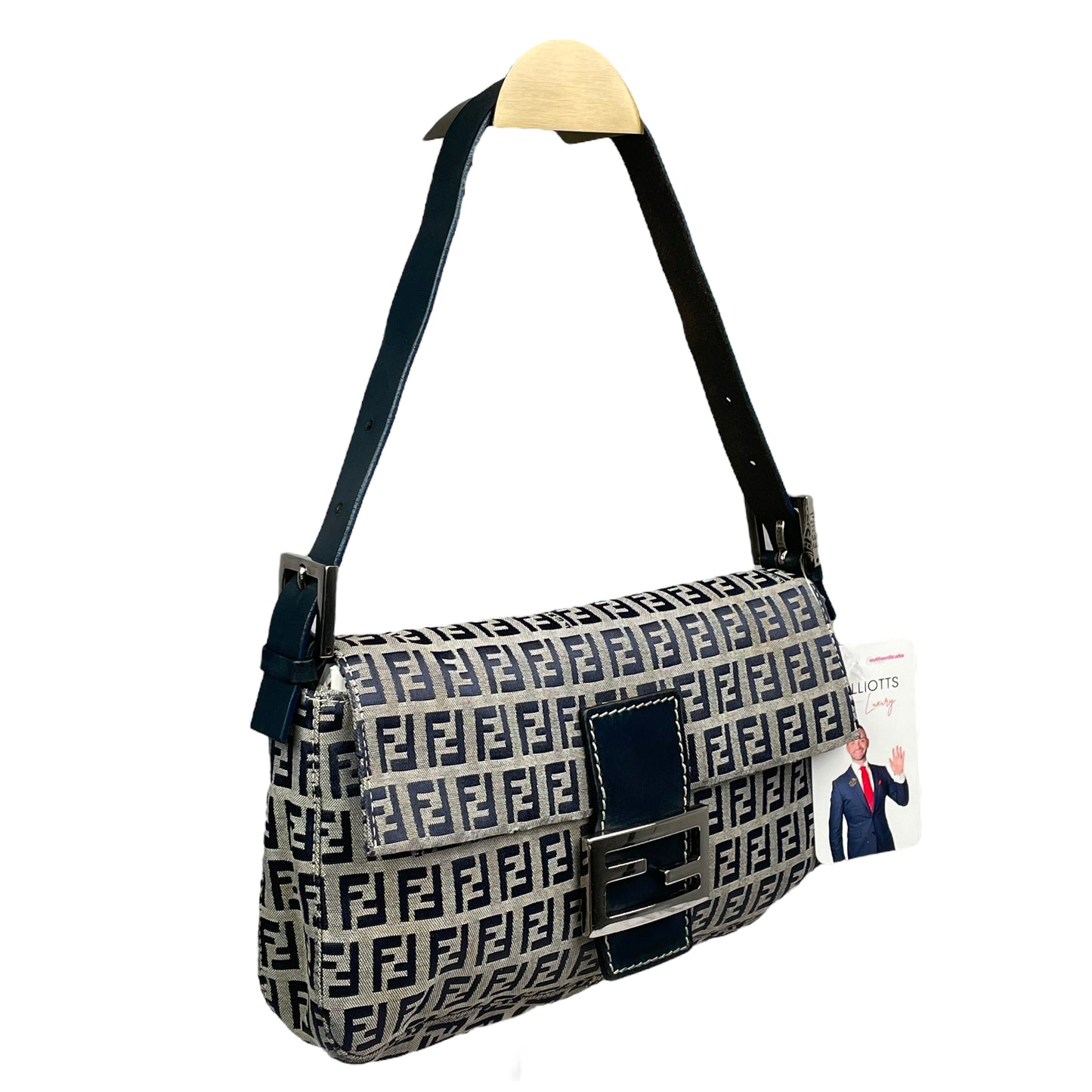 Fendi Classic Baguette Zucchino Navy Canvas Silver Leather Shoulder Purse