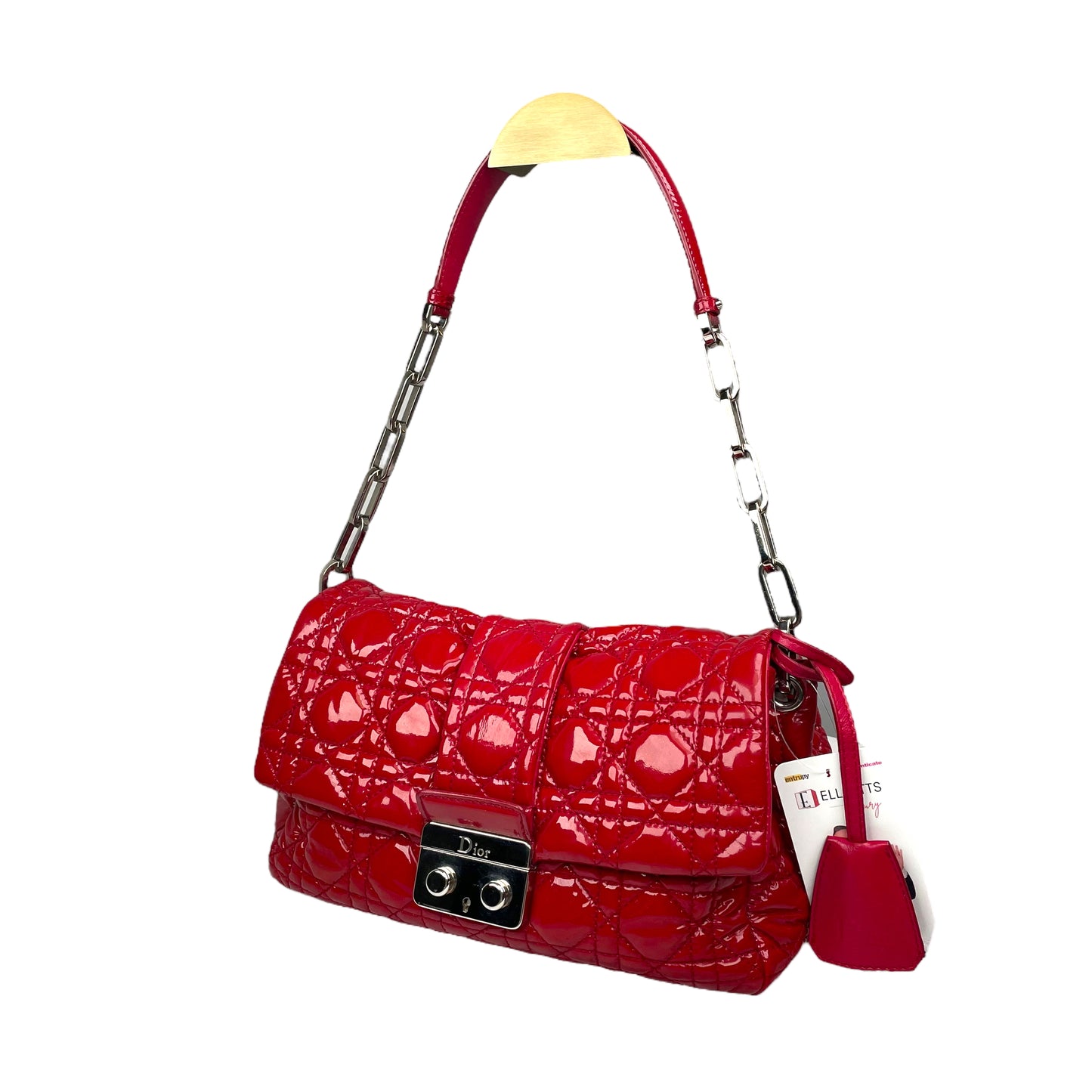 Christian Dior Red New Lock Patent Cannage Quilted Flap Shoulder Chain Purse